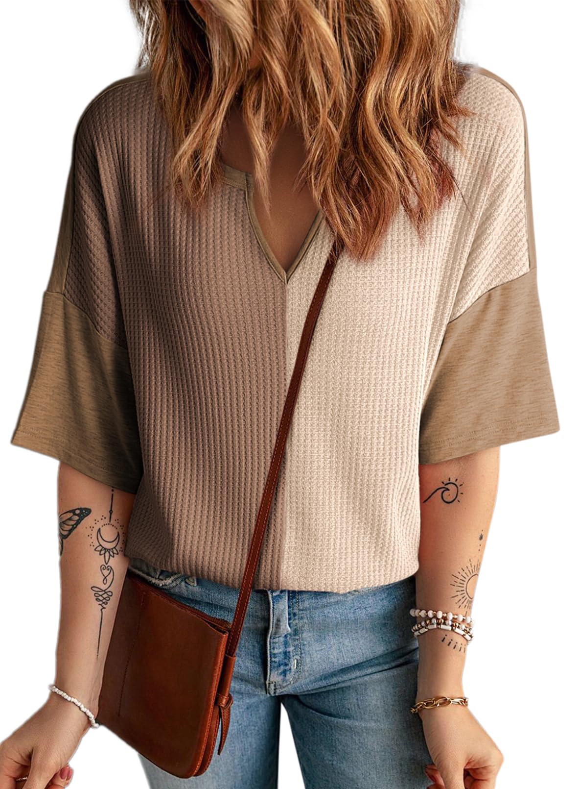 Foto 1 | Top Dokotoo De Punto Gofrado Holgado, Talla Grande, Cuello En V, Marrón, Para Mujer - Venta Internacional.