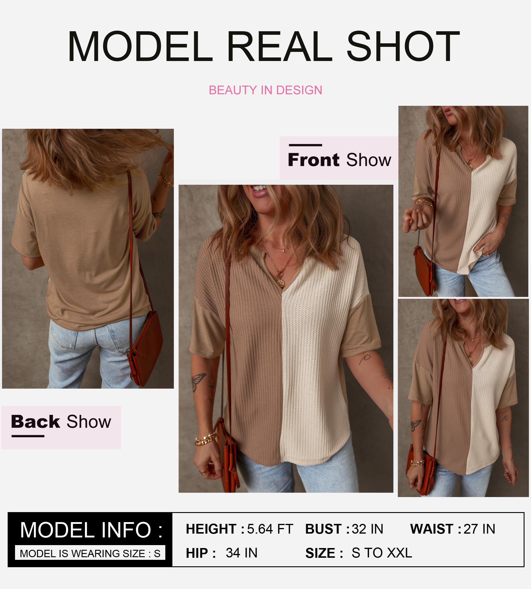 Foto 2 | Top Dokotoo De Punto Gofrado Holgado, Talla Grande, Cuello En V, Marrón, Para Mujer - Venta Internacional.