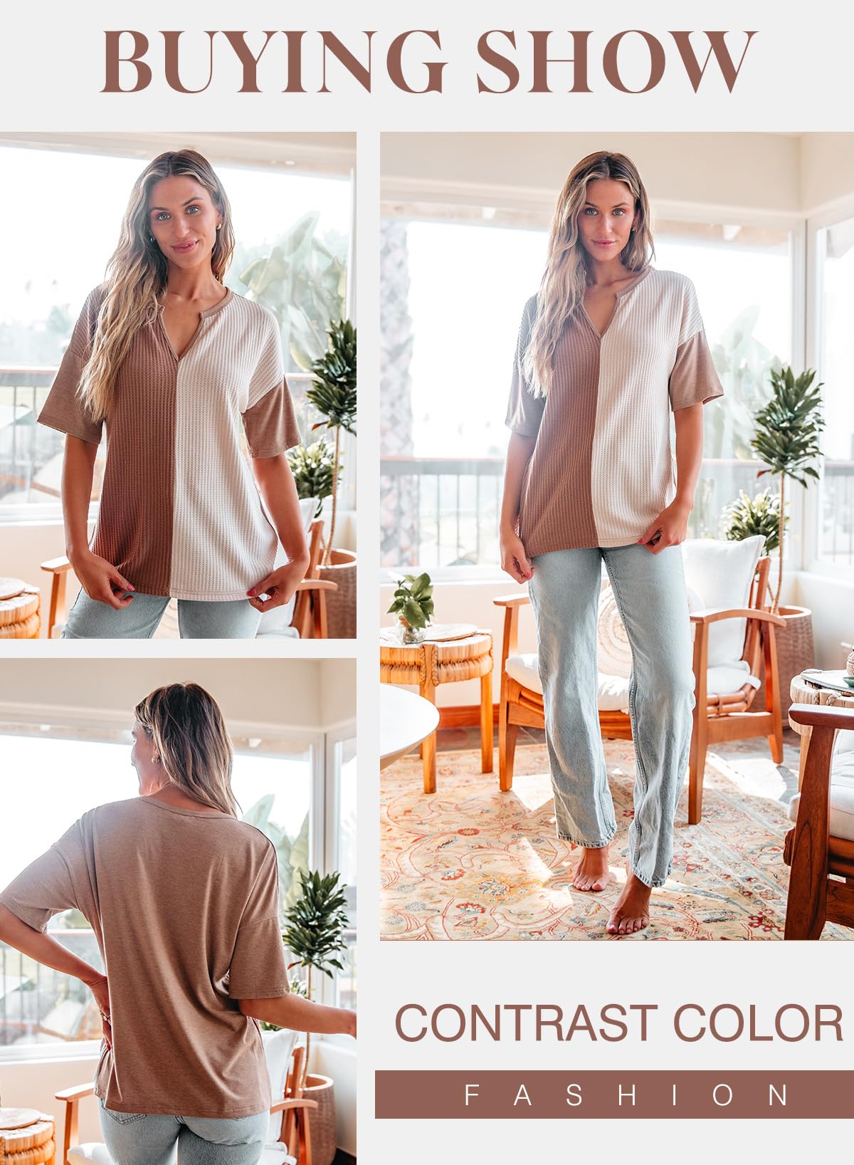Foto 5 pulgar | Top Dokotoo De Punto Gofrado Holgado, Talla Grande, Cuello En V, Marrón, Para Mujer - Venta Internacional.