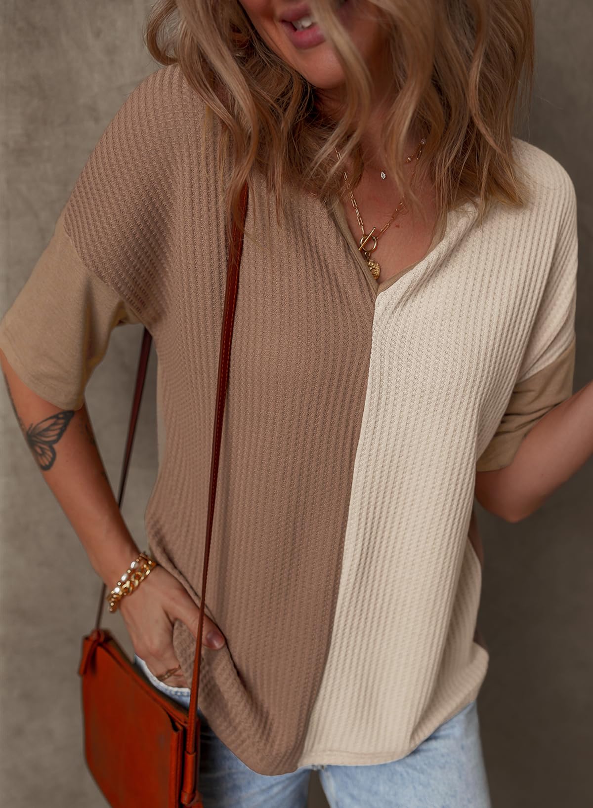 Foto 5 | Top Dokotoo De Punto Gofrado Holgado, Talla Grande, Cuello En V, Marrón, Para Mujer - Venta Internacional.