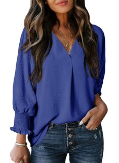 Foto 1 | Blusas Dokotoo Para Mujer De Color Azul Oscuro Con Cuello En V Para Primavera De 2025 - Venta Internacional.