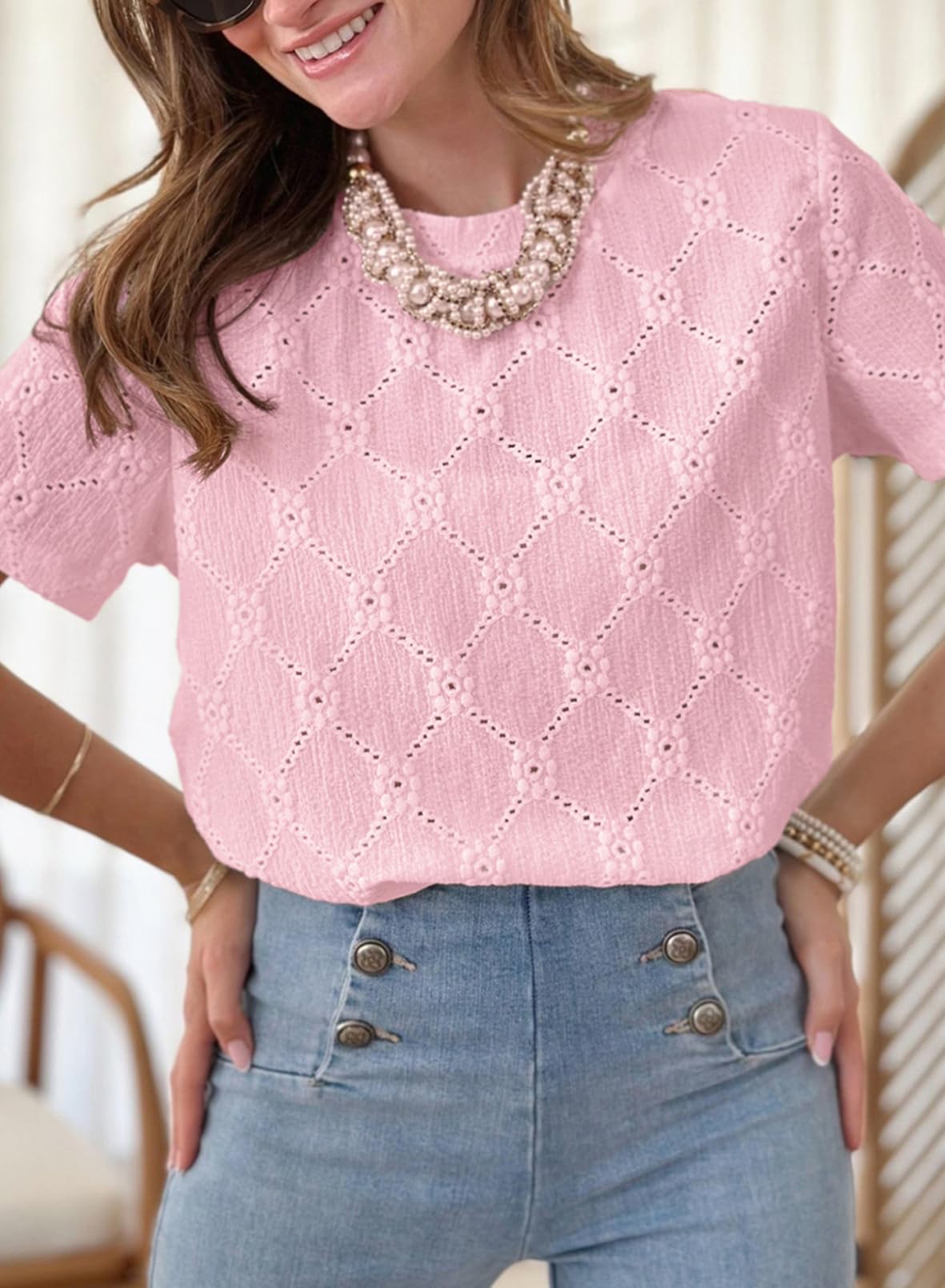 Foto 3 pulgar | Camiseta Dokotoo Para Mujer, Cuello Redondo, Bordada, Color Rosa S - Venta Internacional.