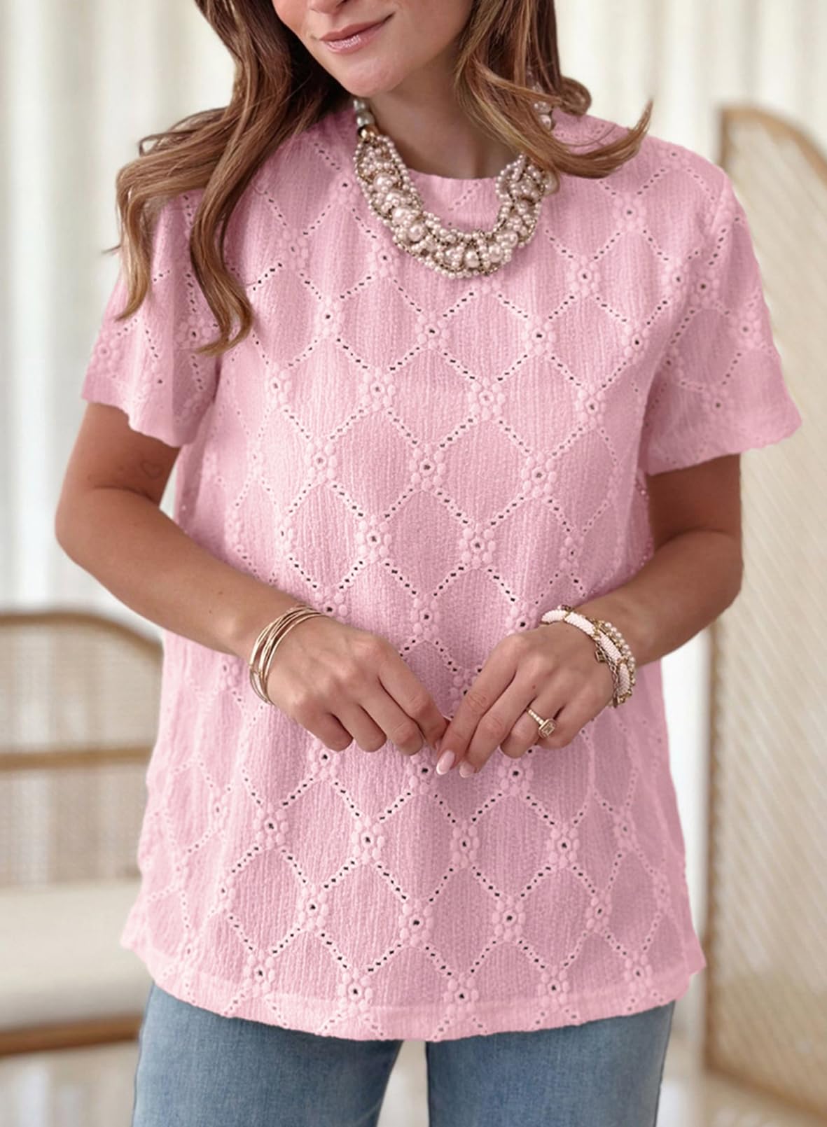 Foto 4 pulgar | Camiseta Dokotoo Para Mujer, Cuello Redondo, Bordada, Color Rosa S - Venta Internacional.