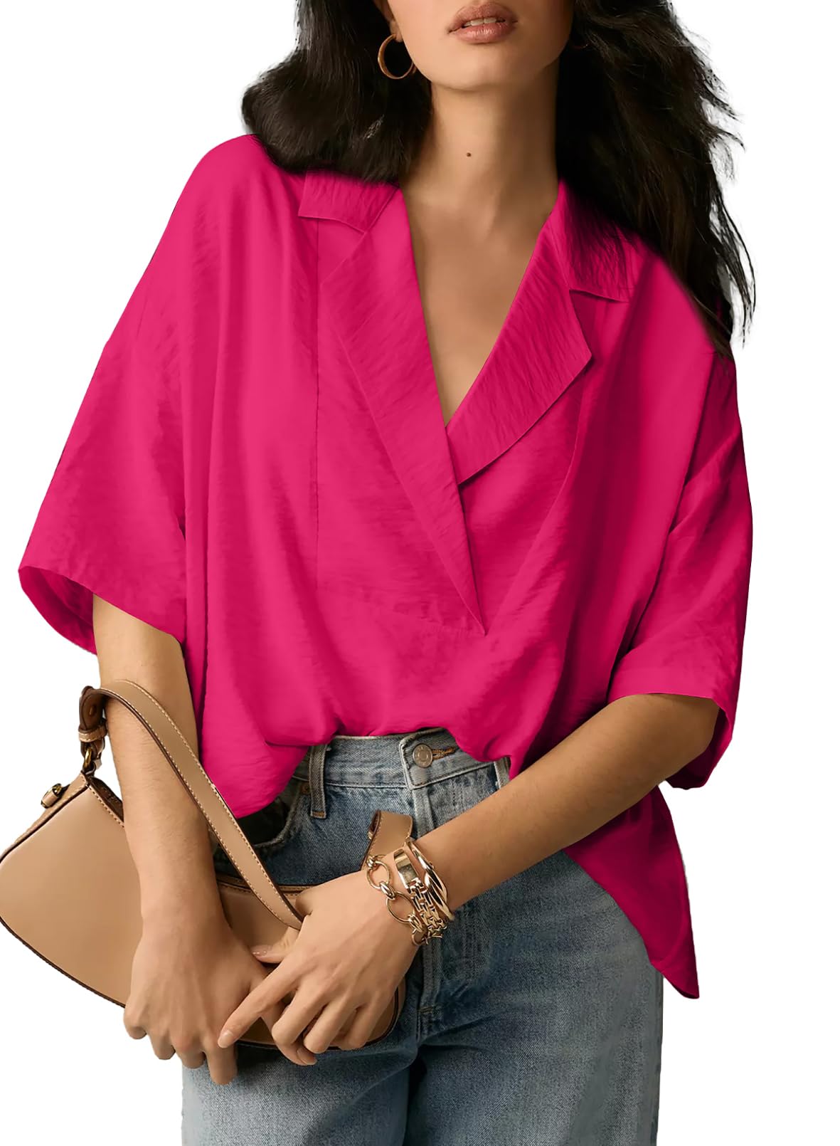 Camisa Elegante Para Mujer, Cuello En V, Manga Corta, Manga Ancha, Rojo Rosa - Venta Internacional.