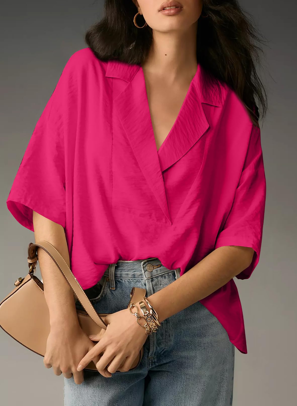 Foto 3 pulgar | Camisa Elegante Para Mujer, Cuello En V, Manga Corta, Manga Ancha, Rojo Rosa - Venta Internacional.