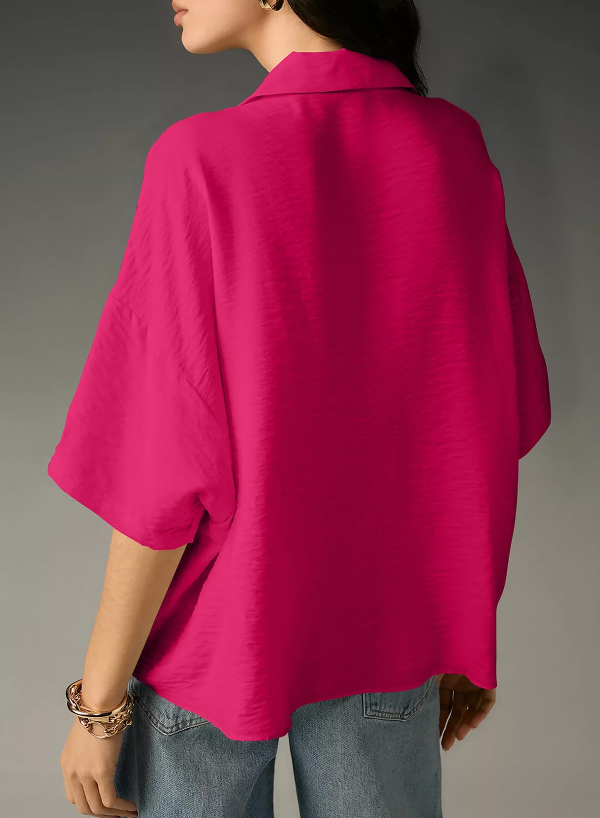 Foto 4 pulgar | Camisa Elegante Para Mujer, Cuello En V, Manga Corta, Manga Ancha, Rojo Rosa - Venta Internacional.