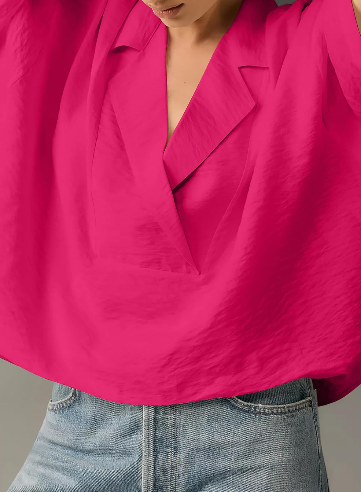 Foto 5 pulgar | Camisa Elegante Para Mujer, Cuello En V, Manga Corta, Manga Ancha, Rojo Rosa - Venta Internacional.