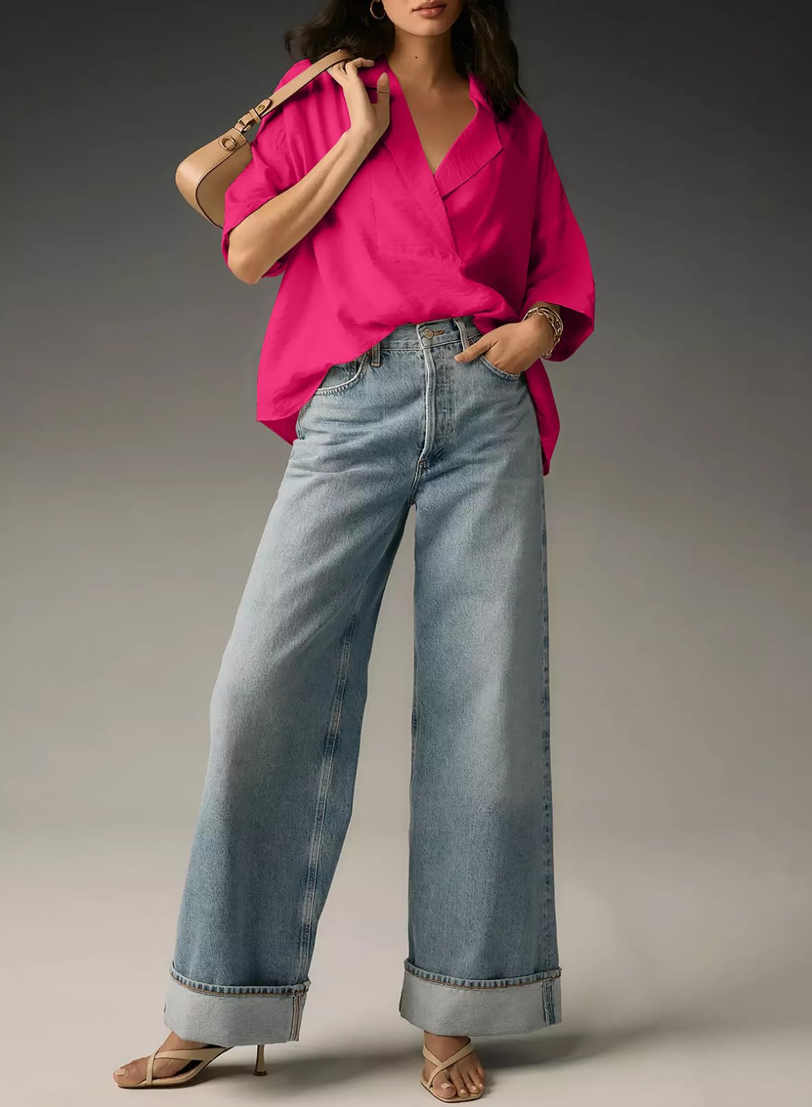 Foto 6 pulgar | Camisa Elegante Para Mujer, Cuello En V, Manga Corta, Manga Ancha, Rojo Rosa - Venta Internacional.