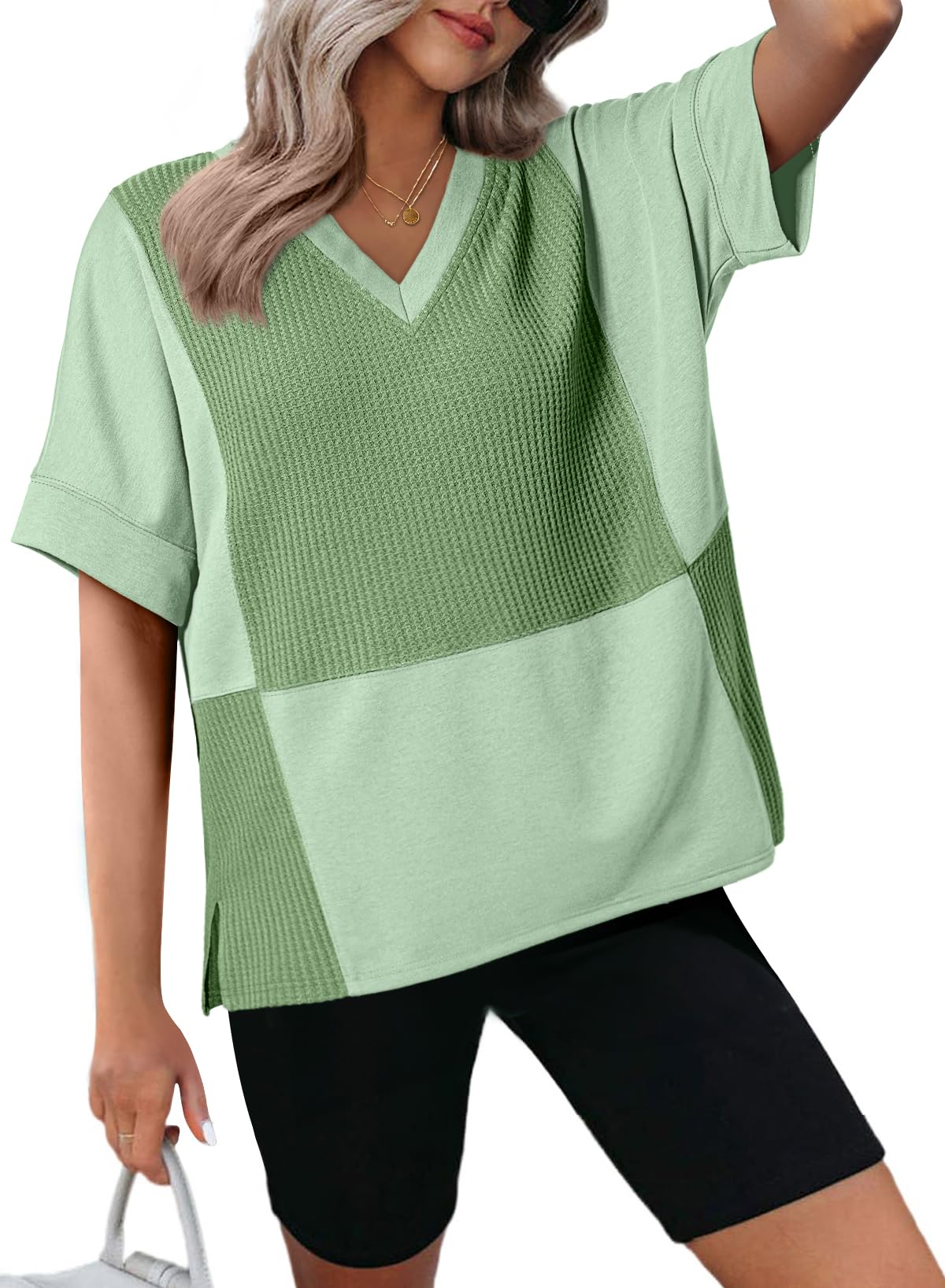 Foto 2 pulgar | Tops Dokotoo Spring Para Mujer, Camiseta Verde De Manga Corta Con Cuello En V - Venta Internacional.