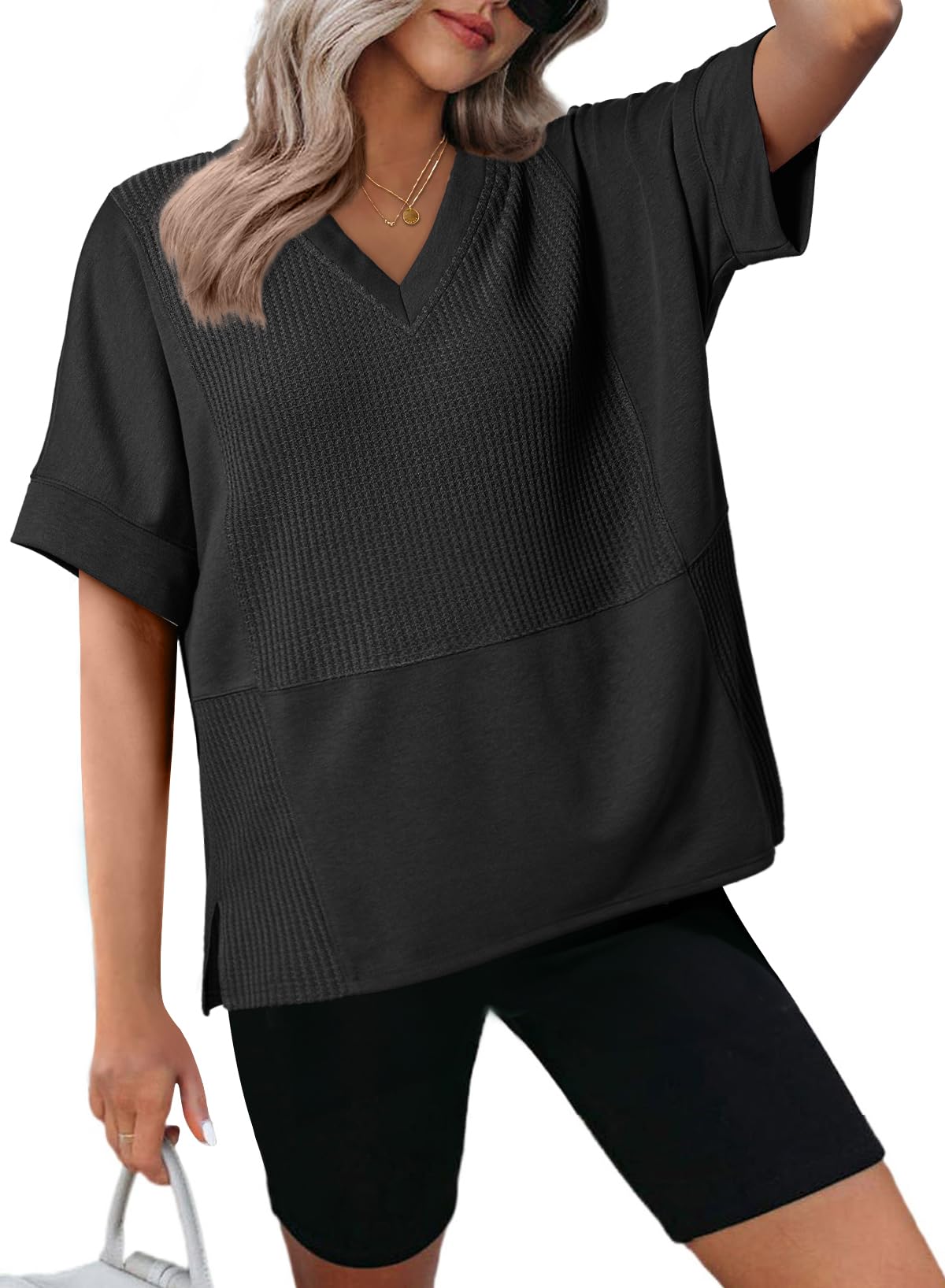 Tops Dokotoo, Camisetas Casuales Para Mujer, Color Negro, Punto Gofrado, Cuello En V - Venta Internacional.