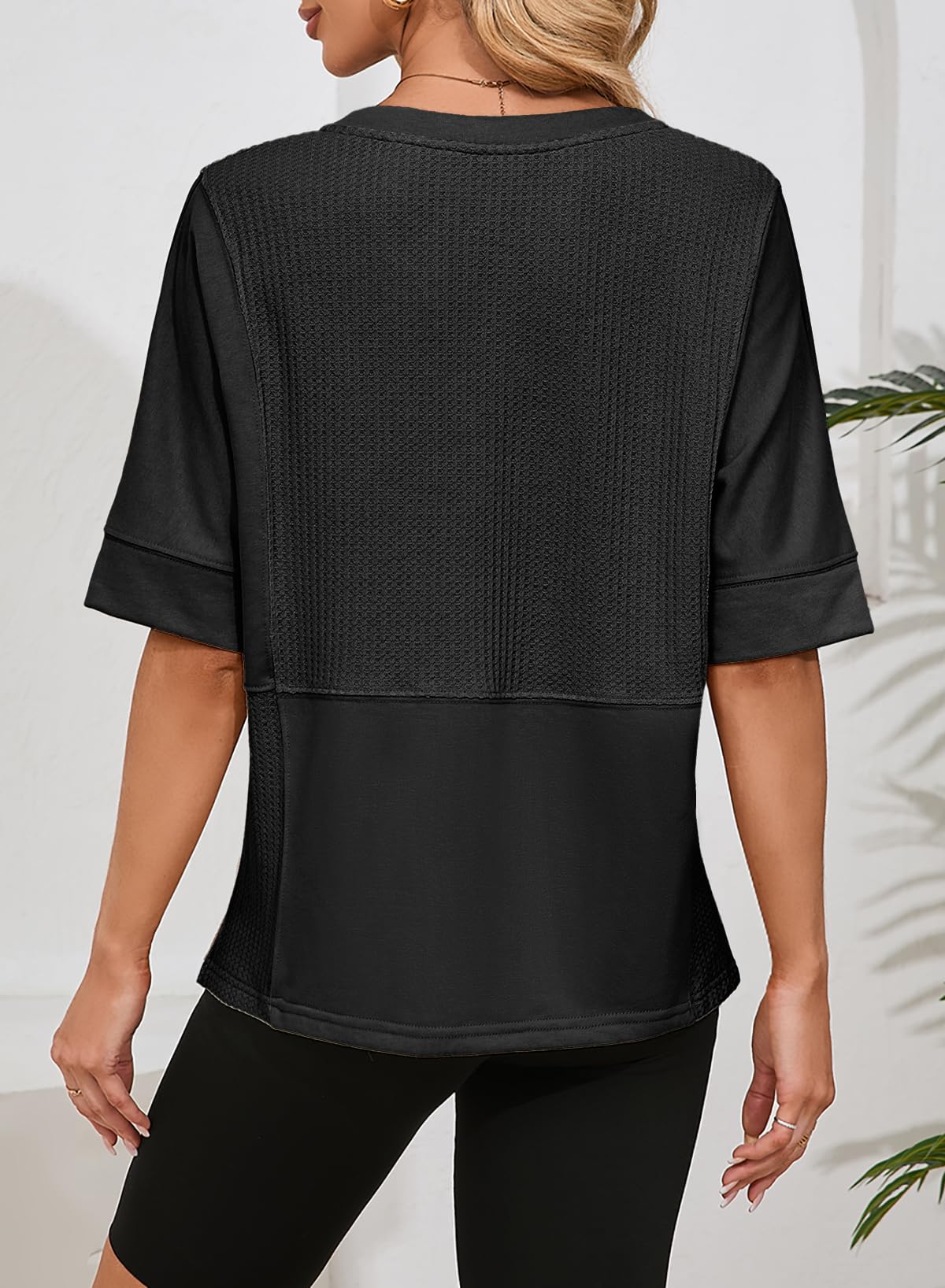 Foto 4 | Tops Dokotoo, Camisetas Casuales Para Mujer, Color Negro, Punto Gofrado, Cuello En V - Venta Internacional.