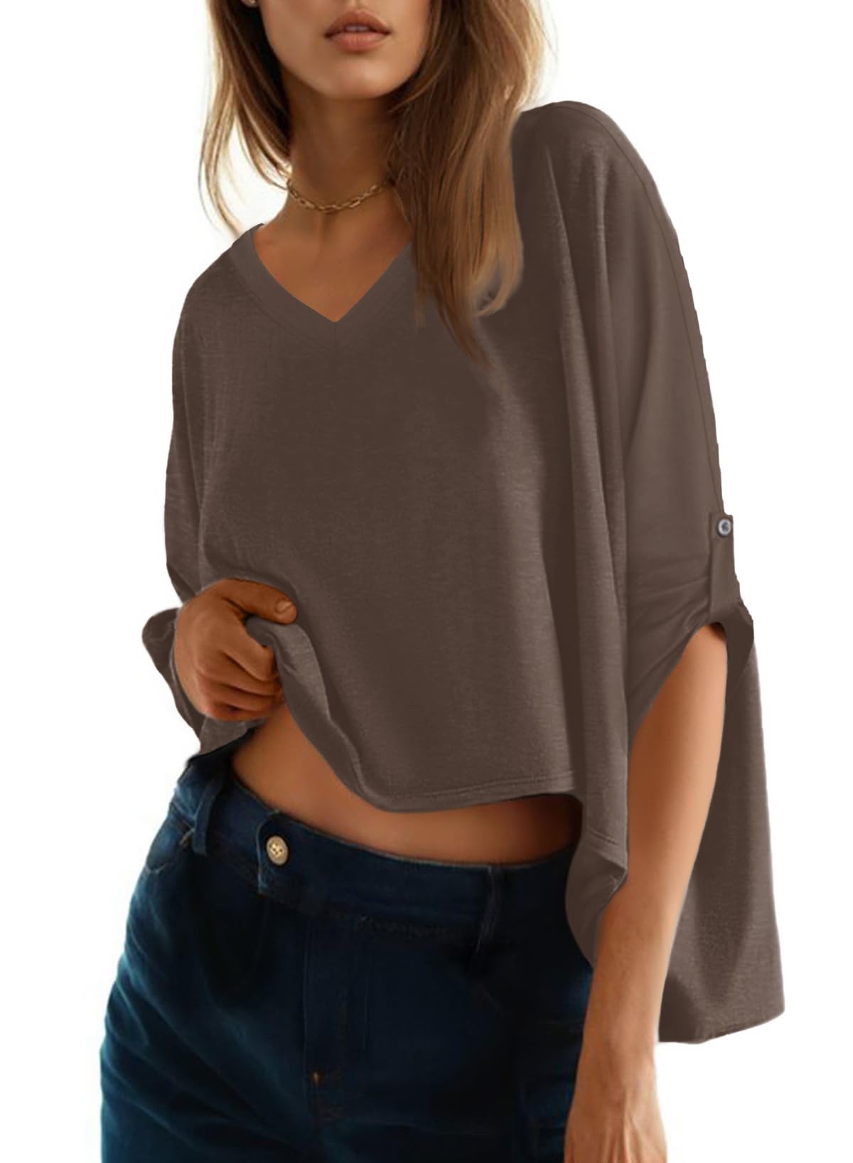 Camiseta Dokotoo Para Mujer, Cuello En V, Manga Corta, Holgada, Color Marrón S - Venta Internacional.