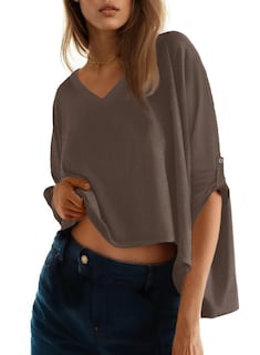 Foto 1 | Camiseta Dokotoo Para Mujer, Cuello En V, Manga Corta, Holgada, Color Marrón S - Venta Internacional.