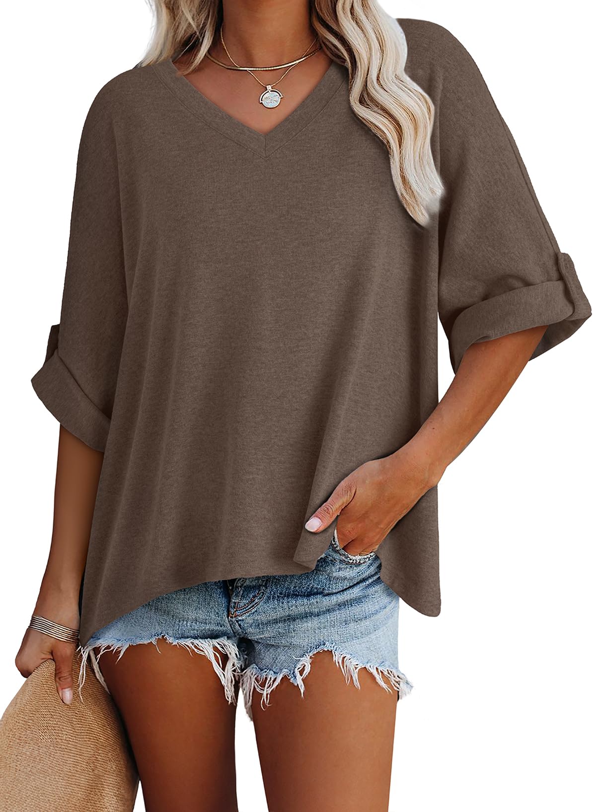 Foto 3 pulgar | Camiseta Dokotoo Para Mujer, Cuello En V, Manga Corta, Holgada, Color Marrón S - Venta Internacional.
