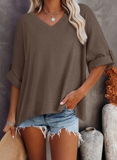 Foto 3 | Camiseta Dokotoo Para Mujer, Cuello En V, Manga Corta, Holgada, Color Marrón S - Venta Internacional.