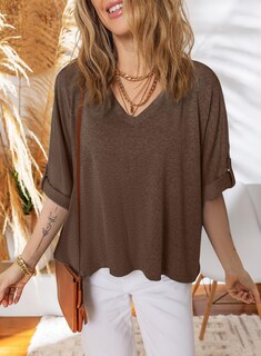 Foto 4 | Camiseta Dokotoo Para Mujer, Cuello En V, Manga Corta, Holgada, Color Marrón S - Venta Internacional.