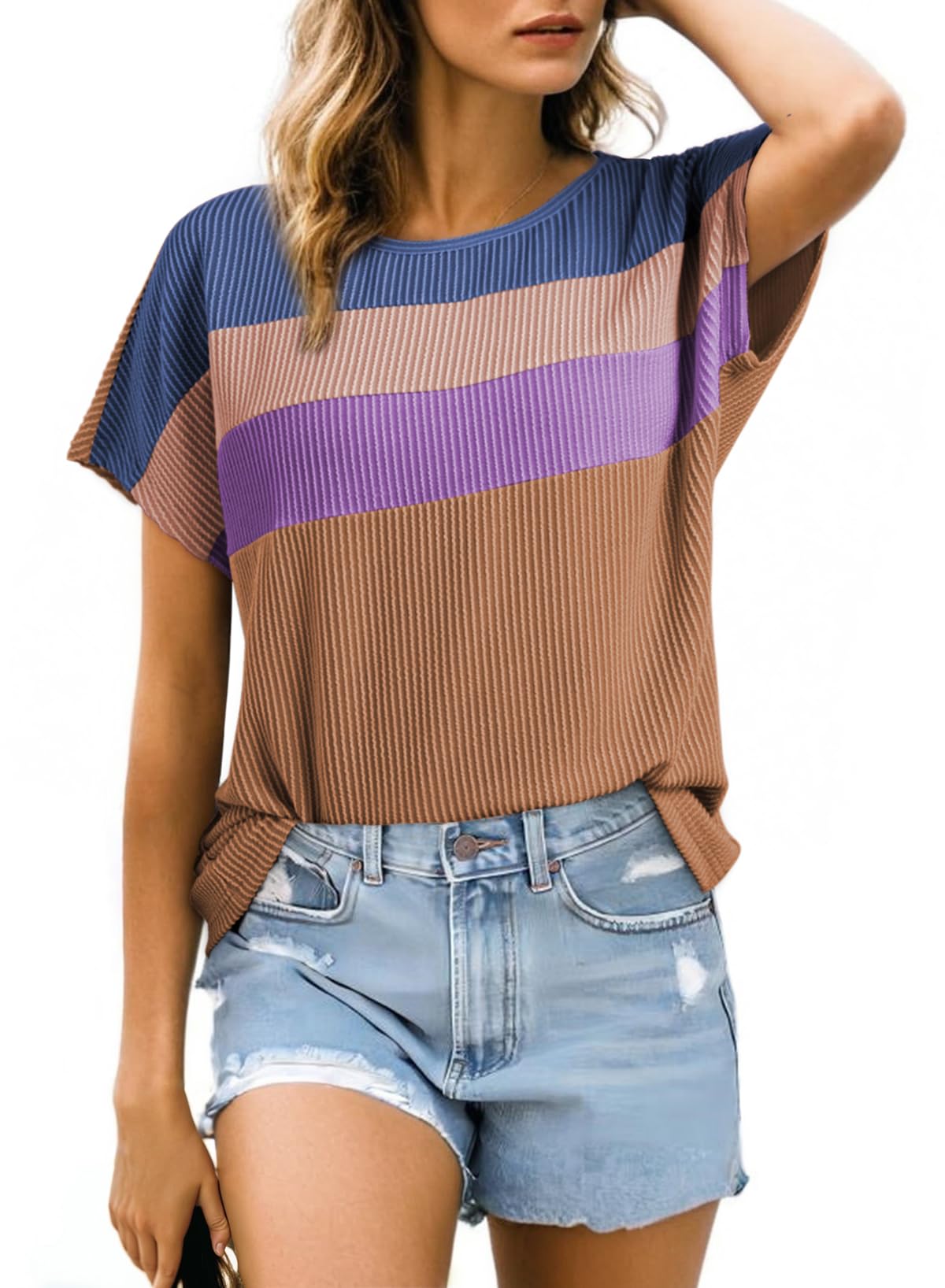 Camisa Dokotoo Manga Corta Colorblock Para Mujer Marrón Oscuro - Venta Internacional.
