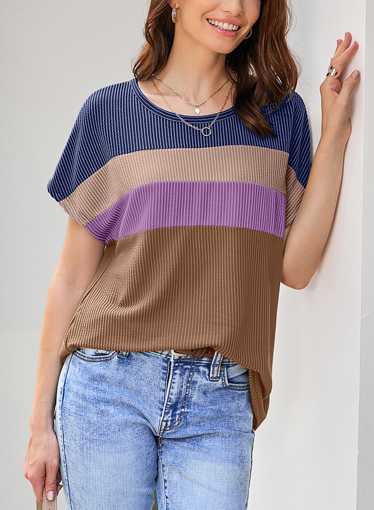 Foto 3 pulgar | Camisa Dokotoo Manga Corta Colorblock Para Mujer Marrón Oscuro - Venta Internacional.