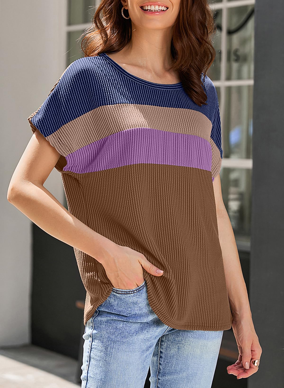 Foto 5 | Camisa Dokotoo Manga Corta Colorblock Para Mujer Marrón Oscuro - Venta Internacional.
