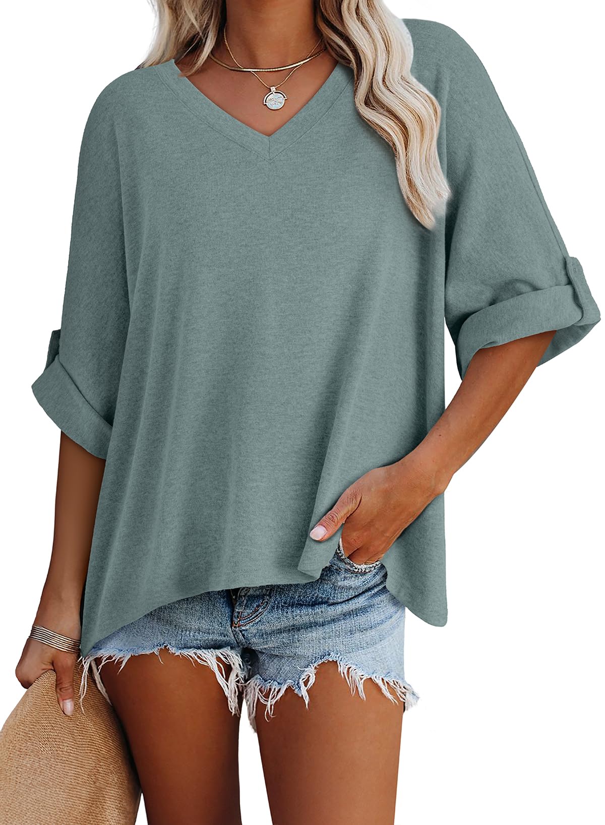 Foto 3 pulgar | Blusas Dokotoo Para Mujer, Manga Corta, Cuello En V, Color Azul Xl - Venta Internacional.