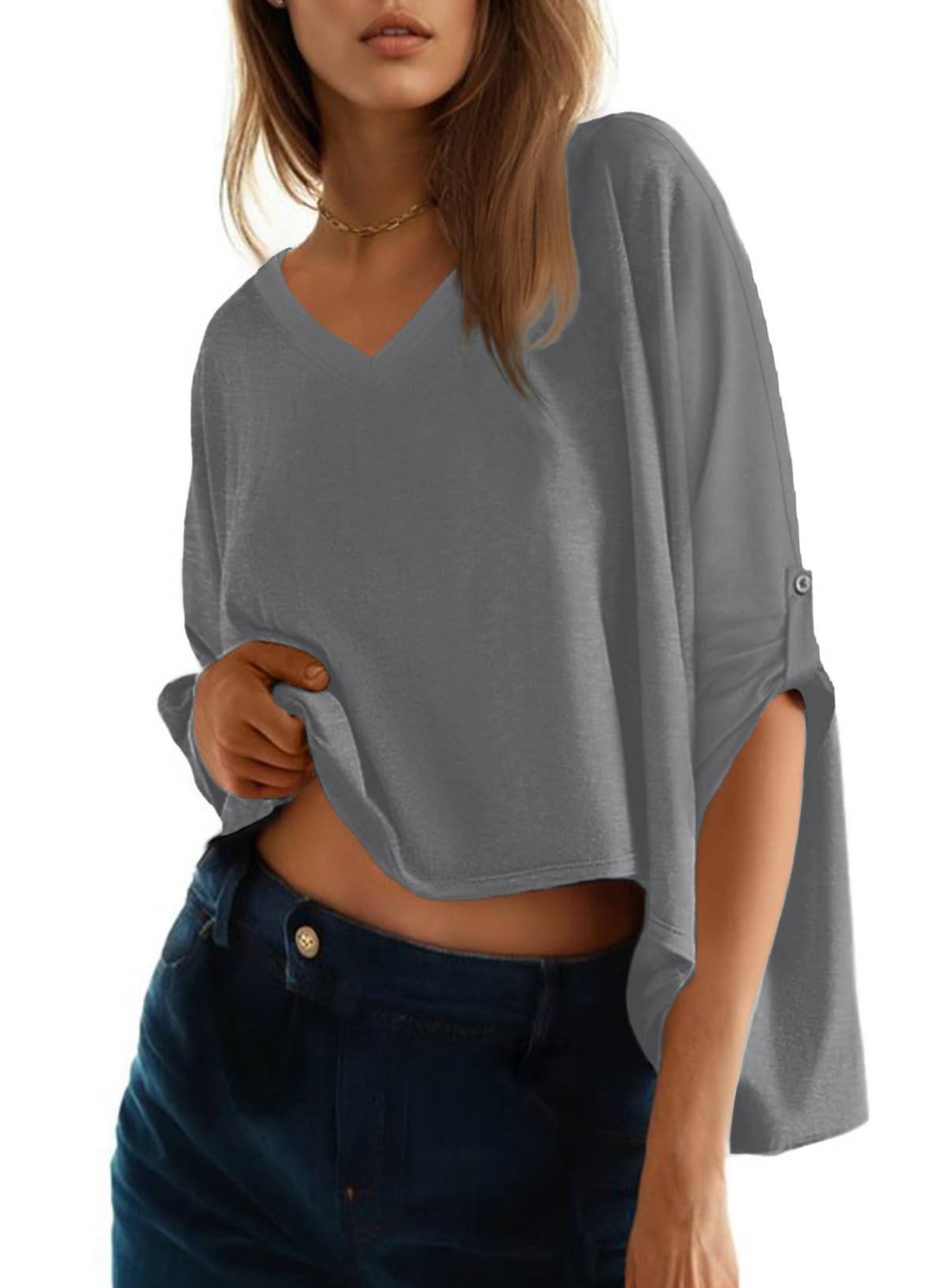 Camiseta Dokotoo Para Mujer, Cuello En V, Manga Corta, Color Gris S - Venta Internacional.