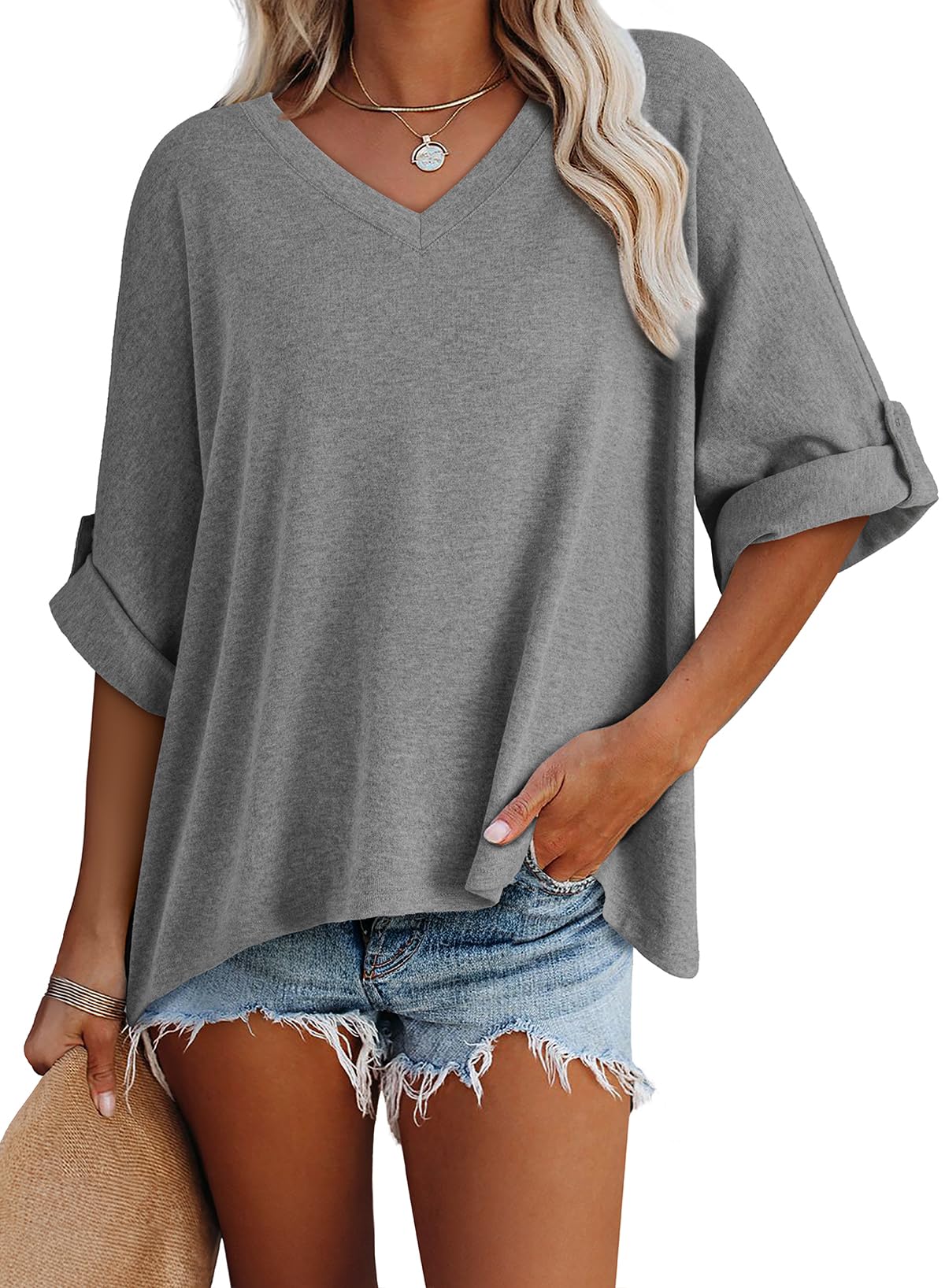 Foto 3 pulgar | Camiseta Dokotoo Para Mujer, Cuello En V, Manga Corta, Color Gris S - Venta Internacional.