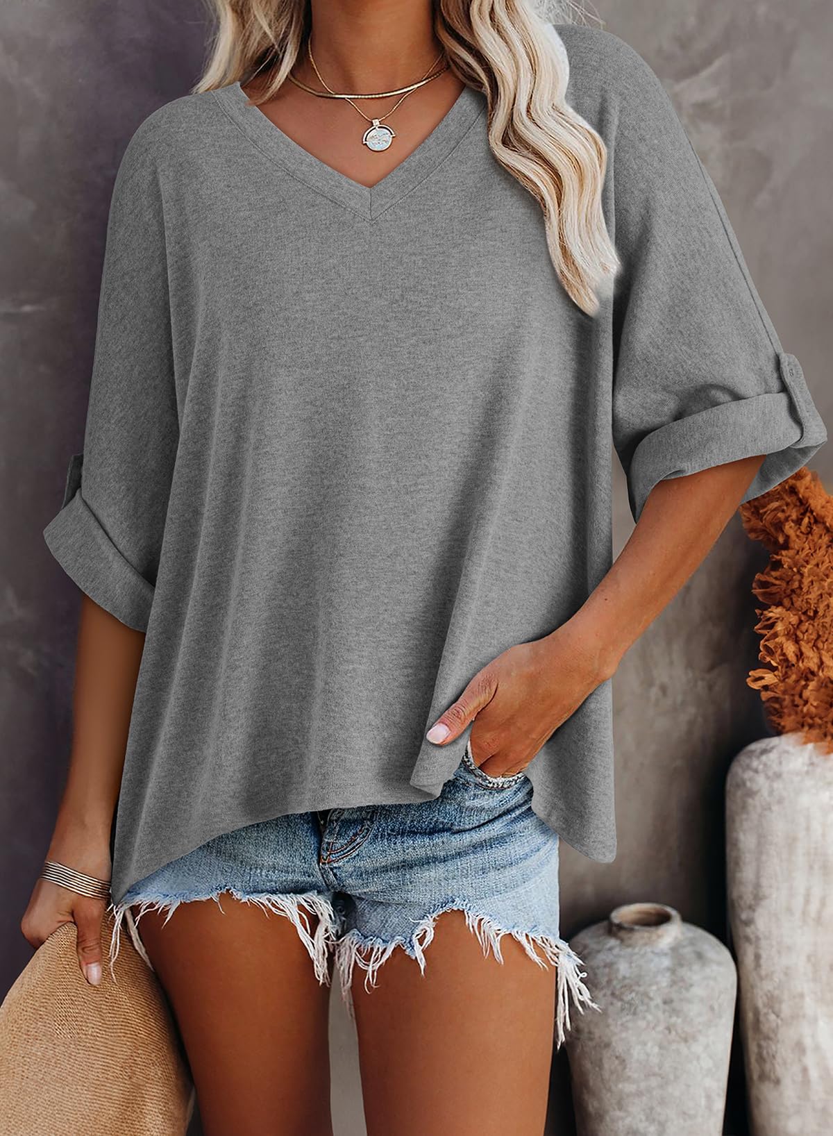 Foto 4 pulgar | Camiseta Dokotoo Para Mujer, Cuello En V, Manga Corta, Color Gris S - Venta Internacional.