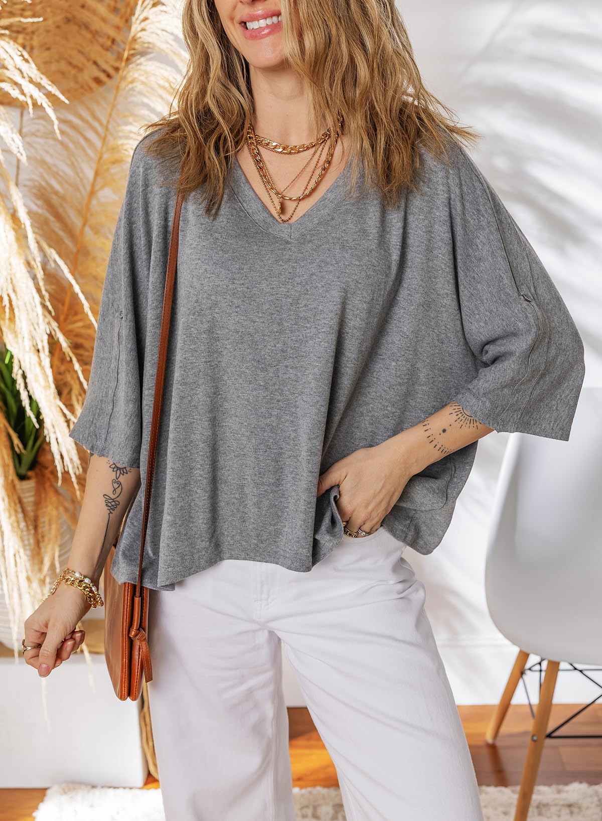Foto 5 pulgar | Camiseta Dokotoo Para Mujer, Cuello En V, Manga Corta, Color Gris S - Venta Internacional.