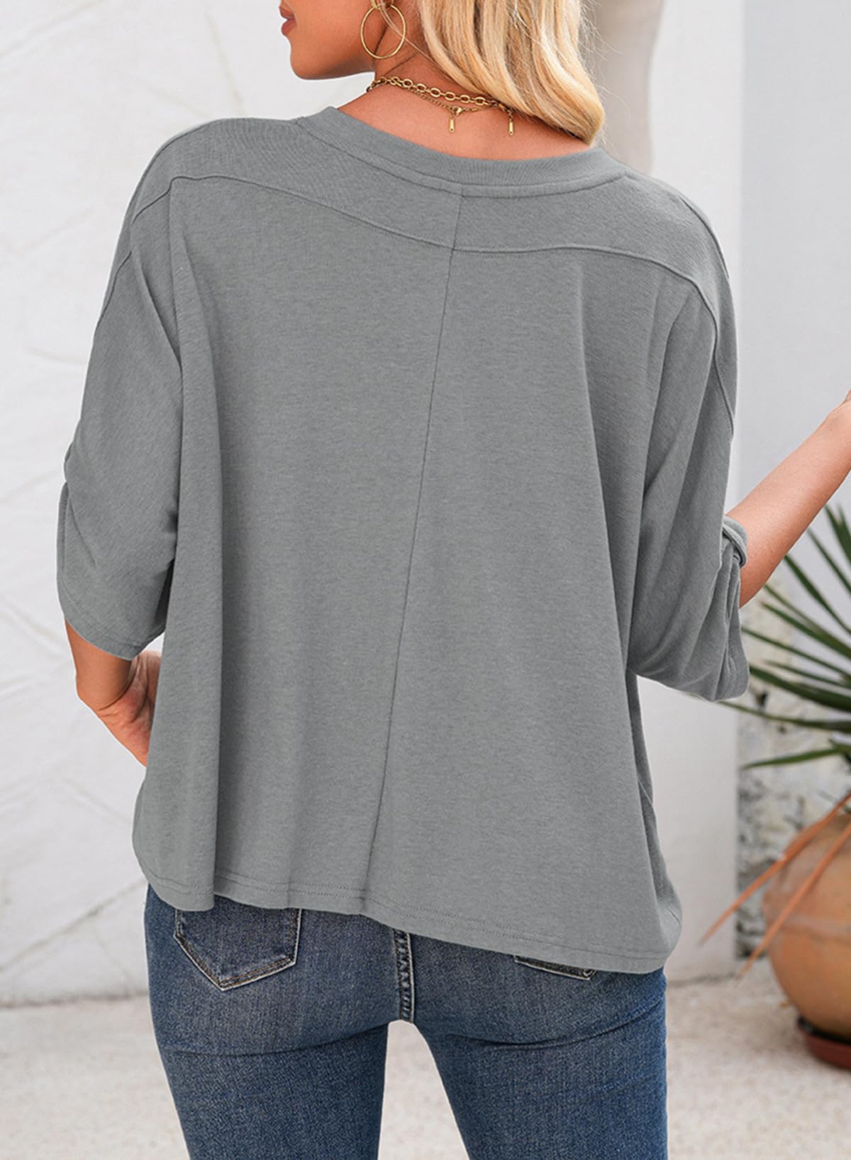 Foto 8 pulgar | Camiseta Dokotoo Para Mujer, Cuello En V, Manga Corta, Color Gris S - Venta Internacional.
