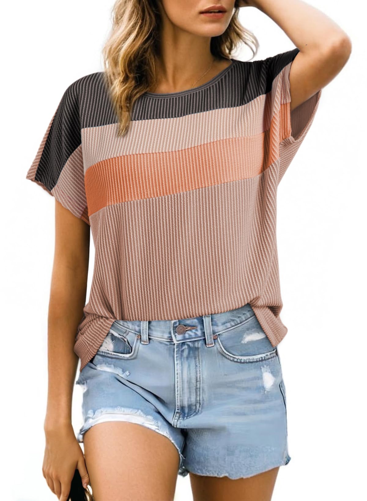 Top Dokotoo Camiseta Acanalada De Manga Corta Con Estampado De Bloques De Colores Para Mujer - Venta Internacional.