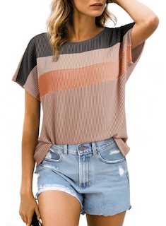 Foto 1 | Top Dokotoo Camiseta Acanalada De Manga Corta Con Estampado De Bloques De Colores Para Mujer - Venta Internacional.