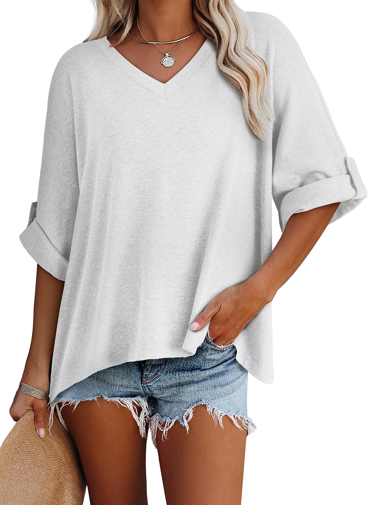 Foto 3 pulgar | Camiseta Dokotoo Para Mujer, Cuello En V, Manga Corta, Holgada, Color Blanco S - Venta Internacional.