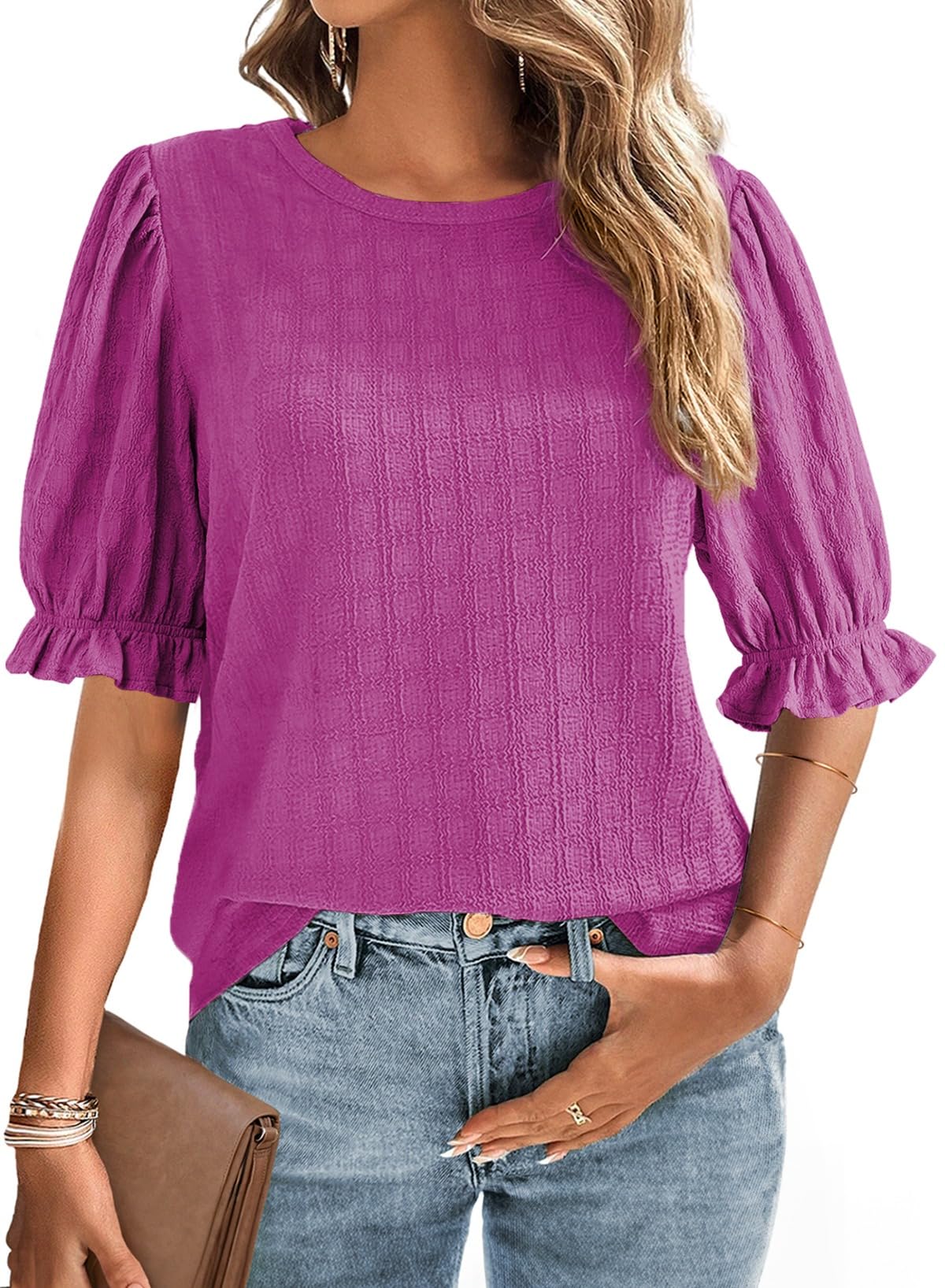 Foto 1 | Camiseta Blencot Para Mujer, Manga Corta Con Volantes, De Verano, Color Morado, L - Venta Internacional.