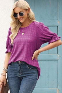 Foto 7 | Camiseta Blencot Para Mujer, Manga Corta Con Volantes, De Verano, Color Morado, L - Venta Internacional.