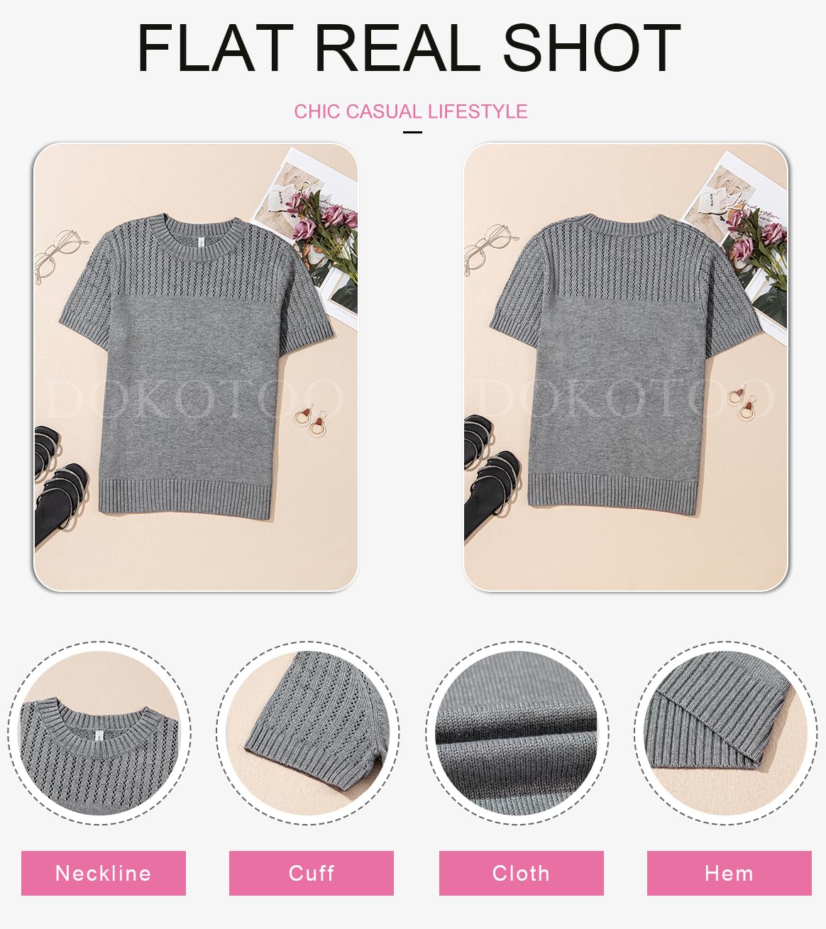 Foto 6 | Top Dokotoo 2025 Para Mujer De Manga Corta Con Cuello Redondo, Color Gris - Venta Internacional.