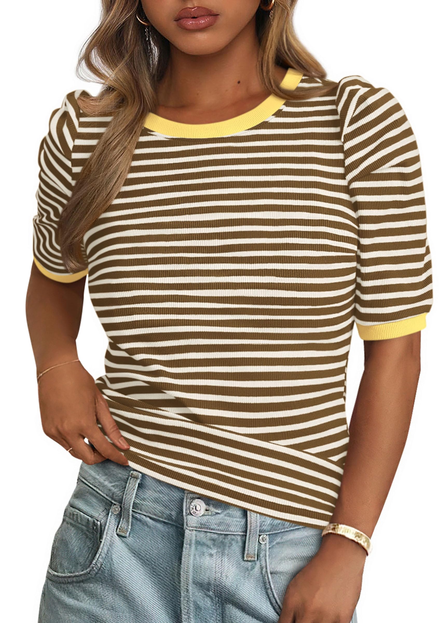 Camiseta Prettygarden Para Mujer, Color Caqui, Con Bloques De Colores, Color Caqui - Venta Internacional.