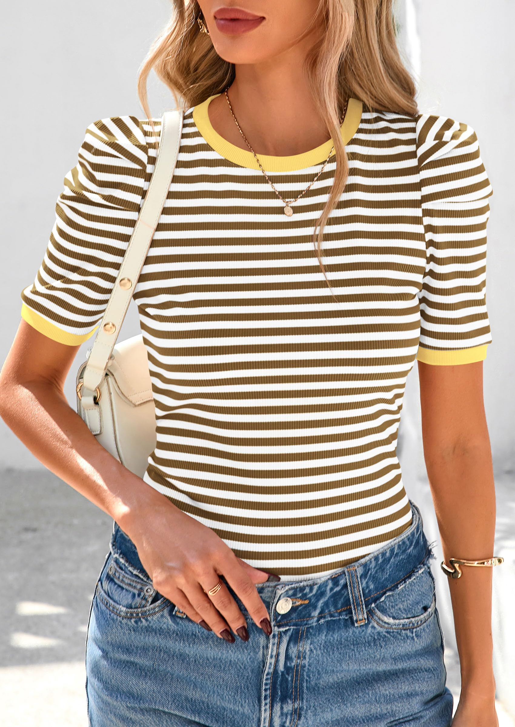 Foto 4 pulgar | Camiseta Prettygarden Para Mujer, Color Caqui, Con Bloques De Colores, Color Caqui - Venta Internacional.