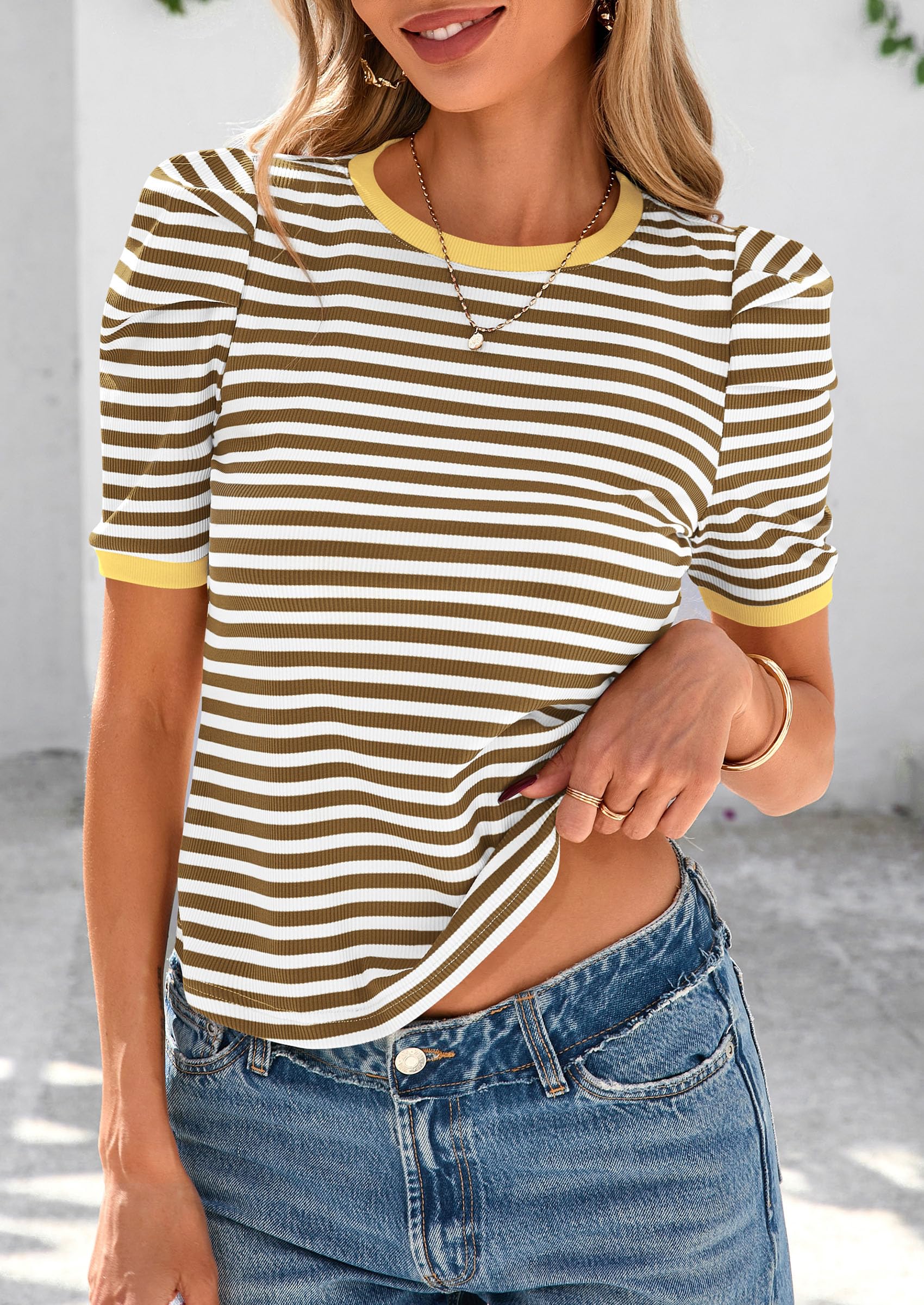 Foto 6 pulgar | Camiseta Prettygarden Para Mujer, Color Caqui, Con Bloques De Colores, Color Caqui - Venta Internacional.