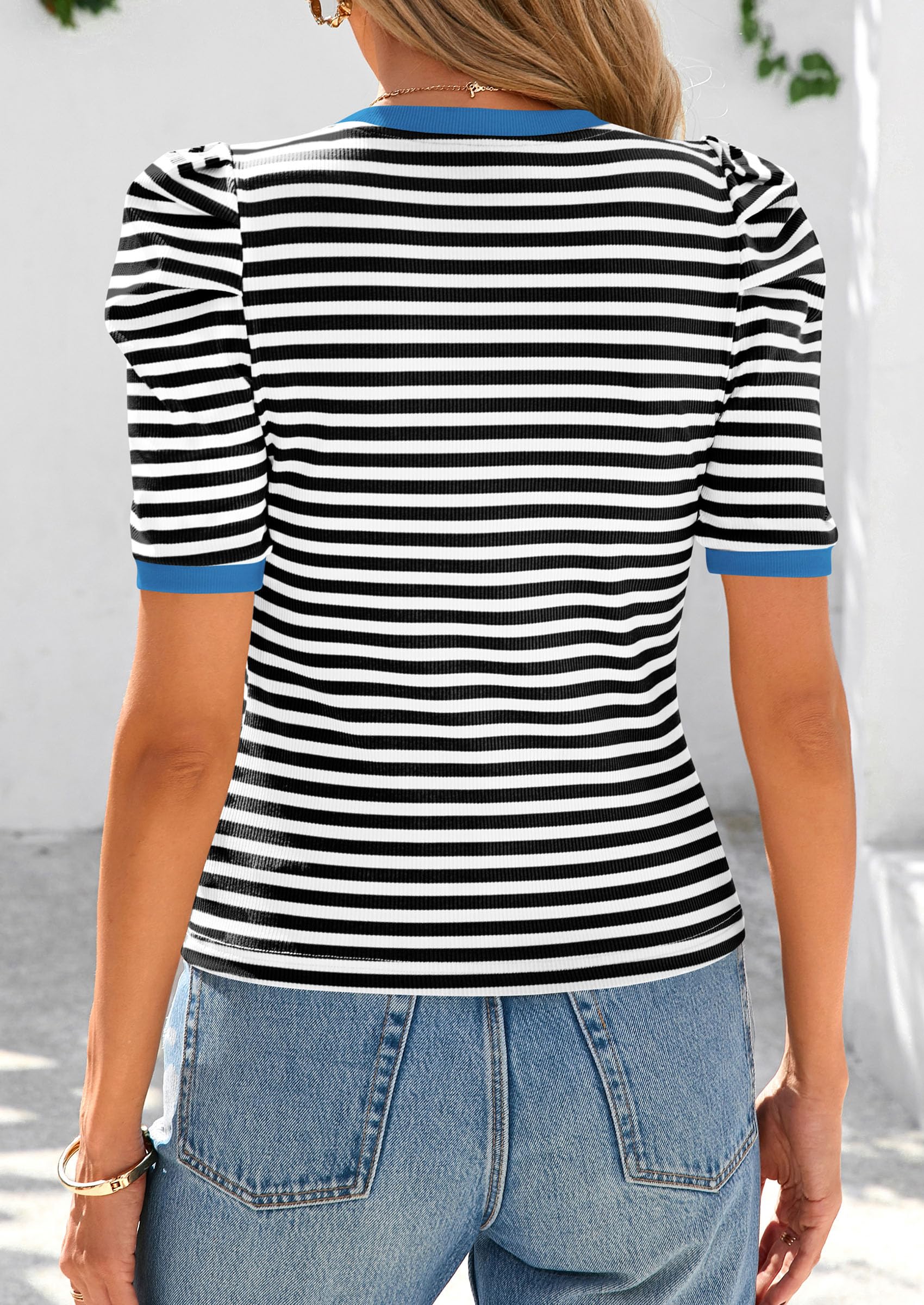 Foto 3 pulgar | Camiseta Prettygarden Para Mujer, Color Bloque De Colores, A Rayas, Color Negro - Venta Internacional.