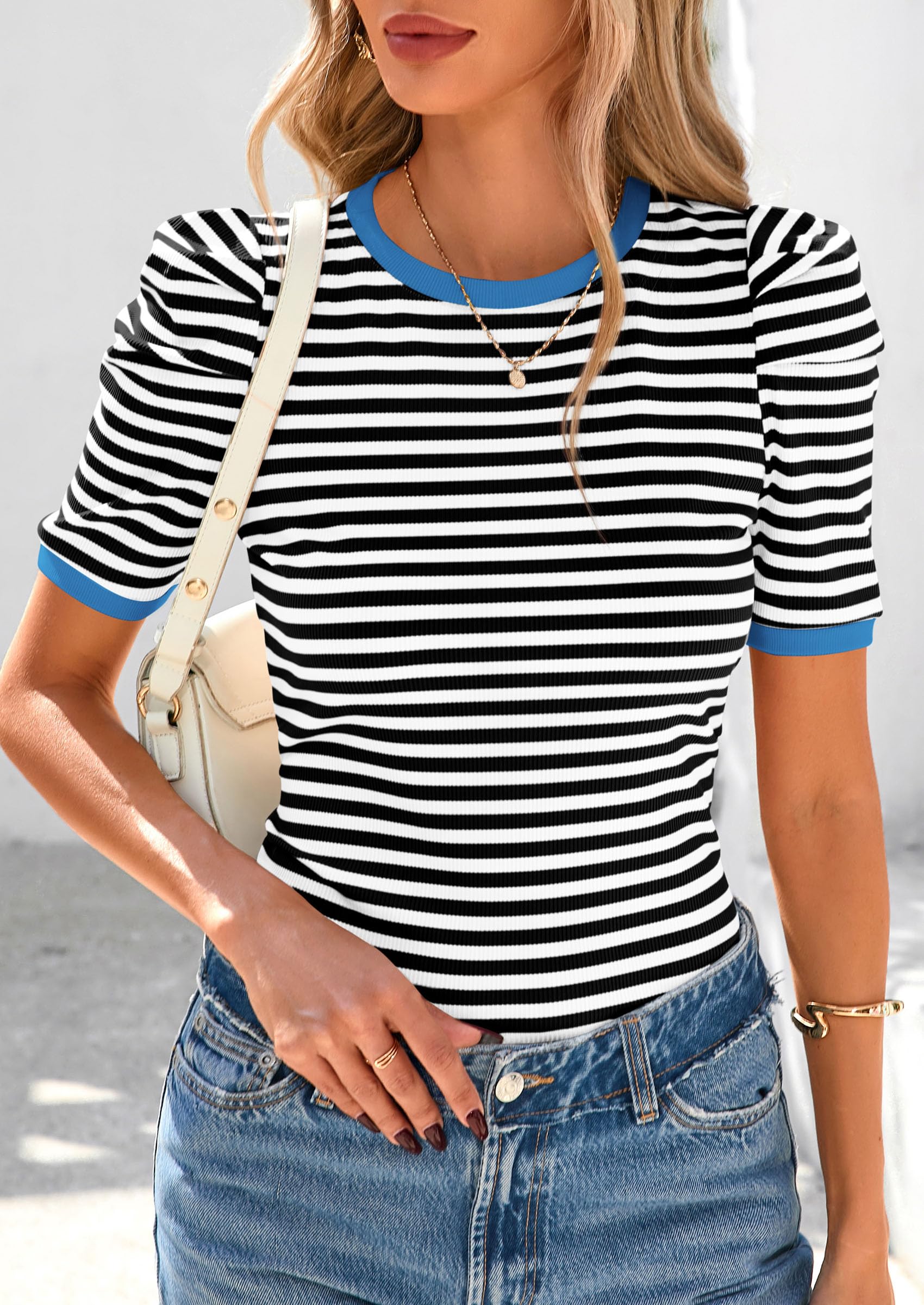 Foto 4 pulgar | Camiseta Prettygarden Para Mujer, Color Bloque De Colores, A Rayas, Color Negro - Venta Internacional.