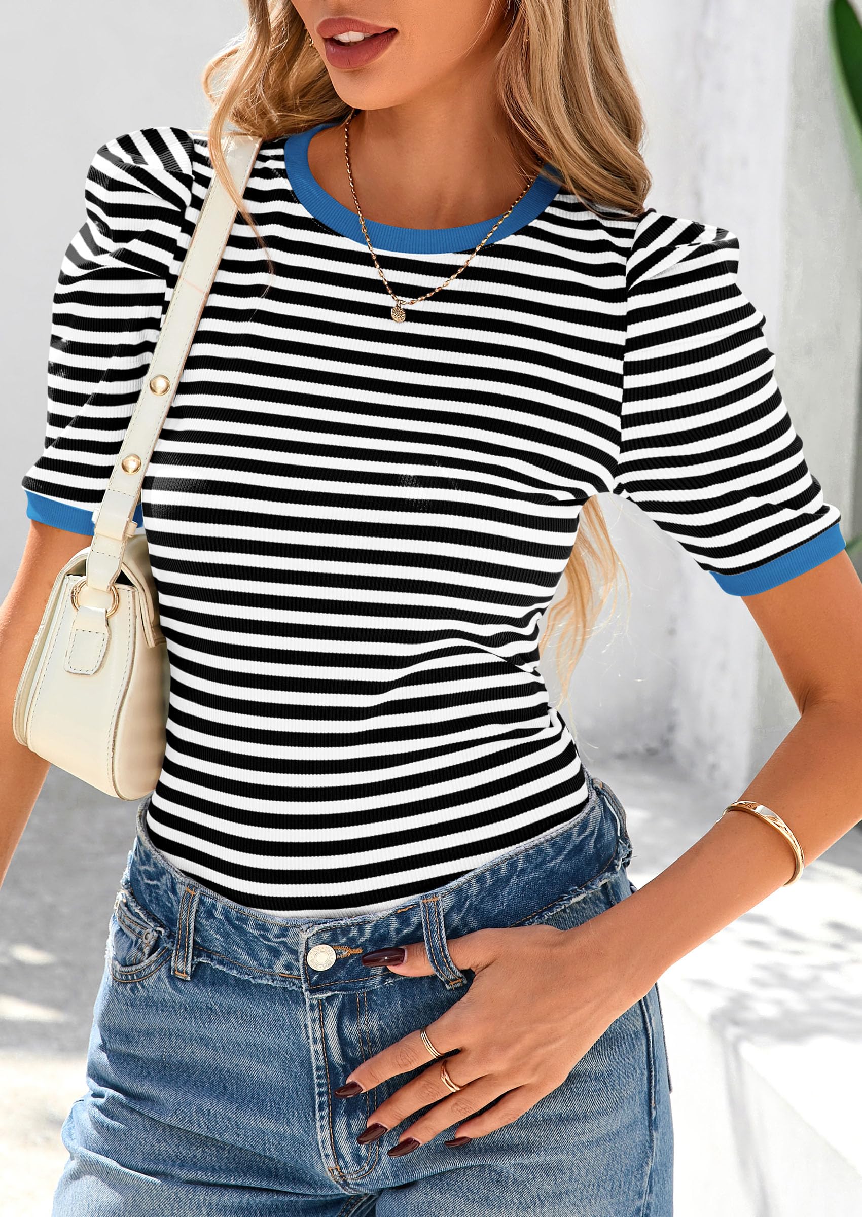 Foto 5 pulgar | Camiseta Prettygarden Para Mujer, Color Bloque De Colores, A Rayas, Color Negro - Venta Internacional.
