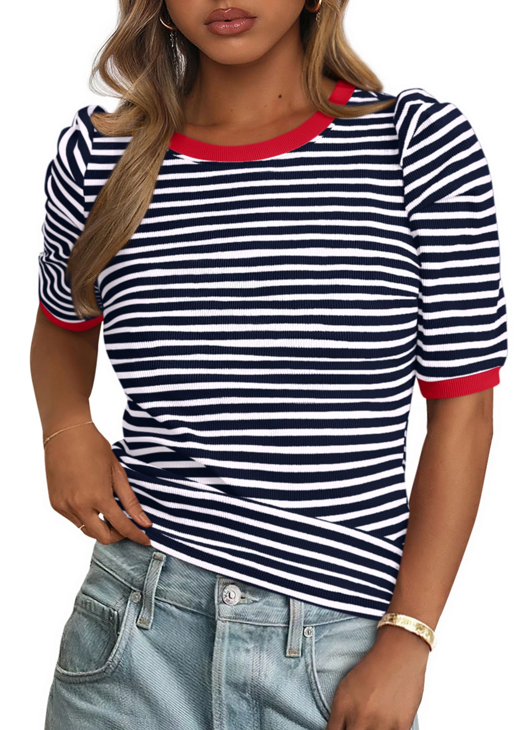 Foto 2 pulgar | Camiseta Prettygarden Para Mujer, Color Azul Marino, A Rayas, Color Azul Marino - Venta Internacional.