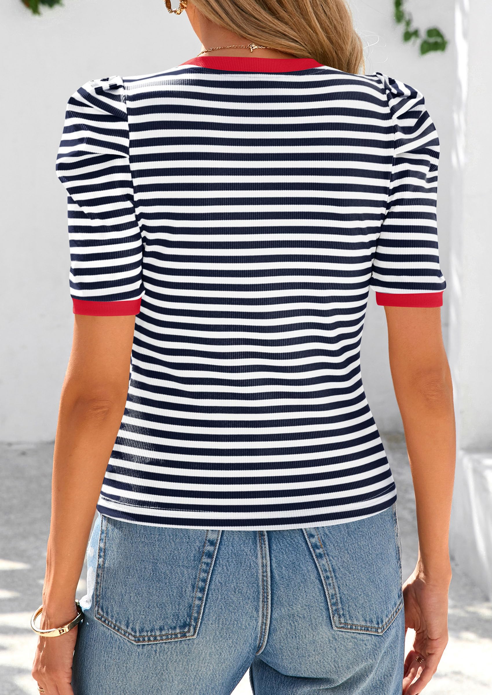 Foto 2 | Camiseta Prettygarden Para Mujer, Color Azul Marino, A Rayas, Color Azul Marino - Venta Internacional.