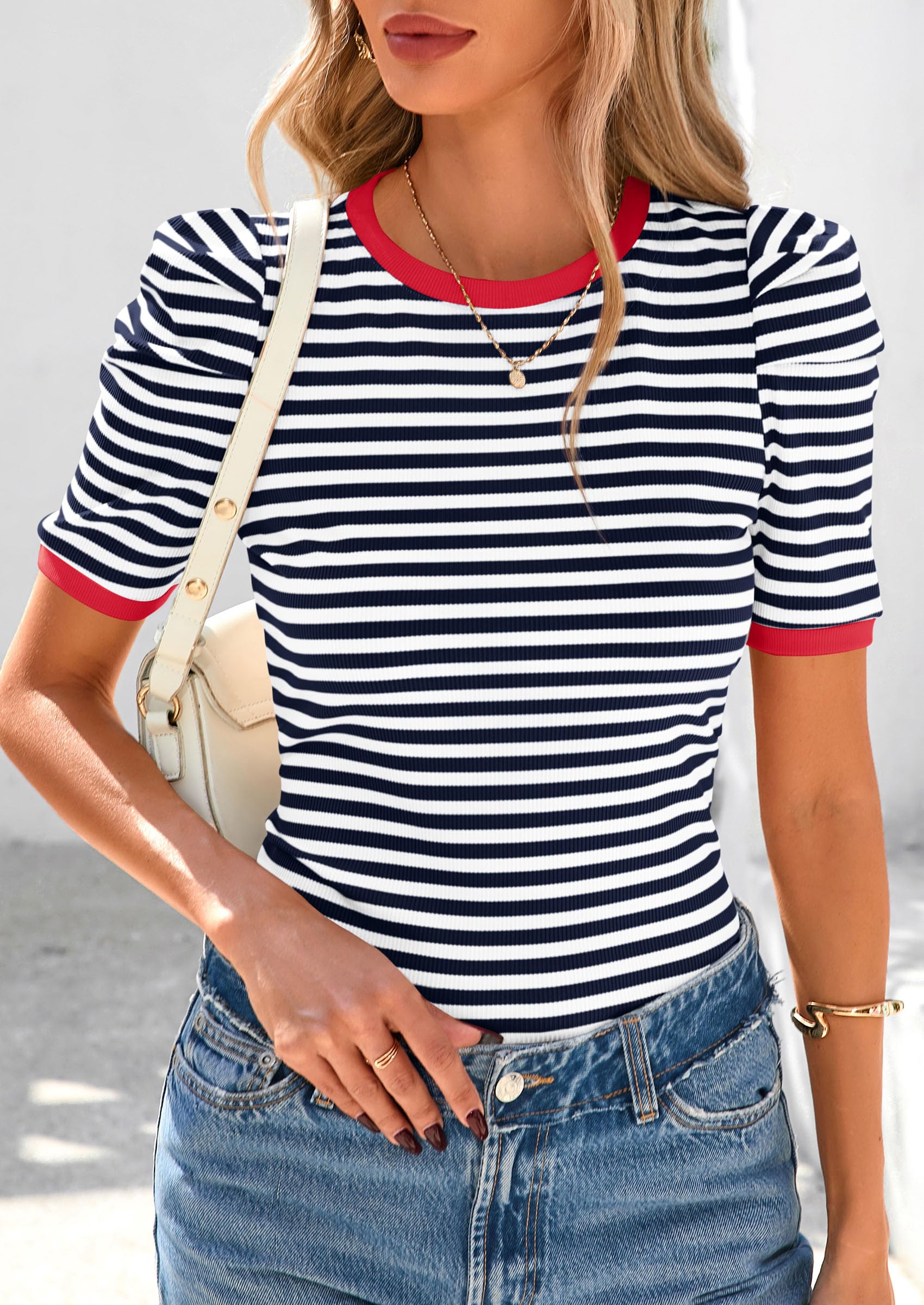 Foto 4 pulgar | Camiseta Prettygarden Para Mujer, Color Azul Marino, A Rayas, Color Azul Marino - Venta Internacional.