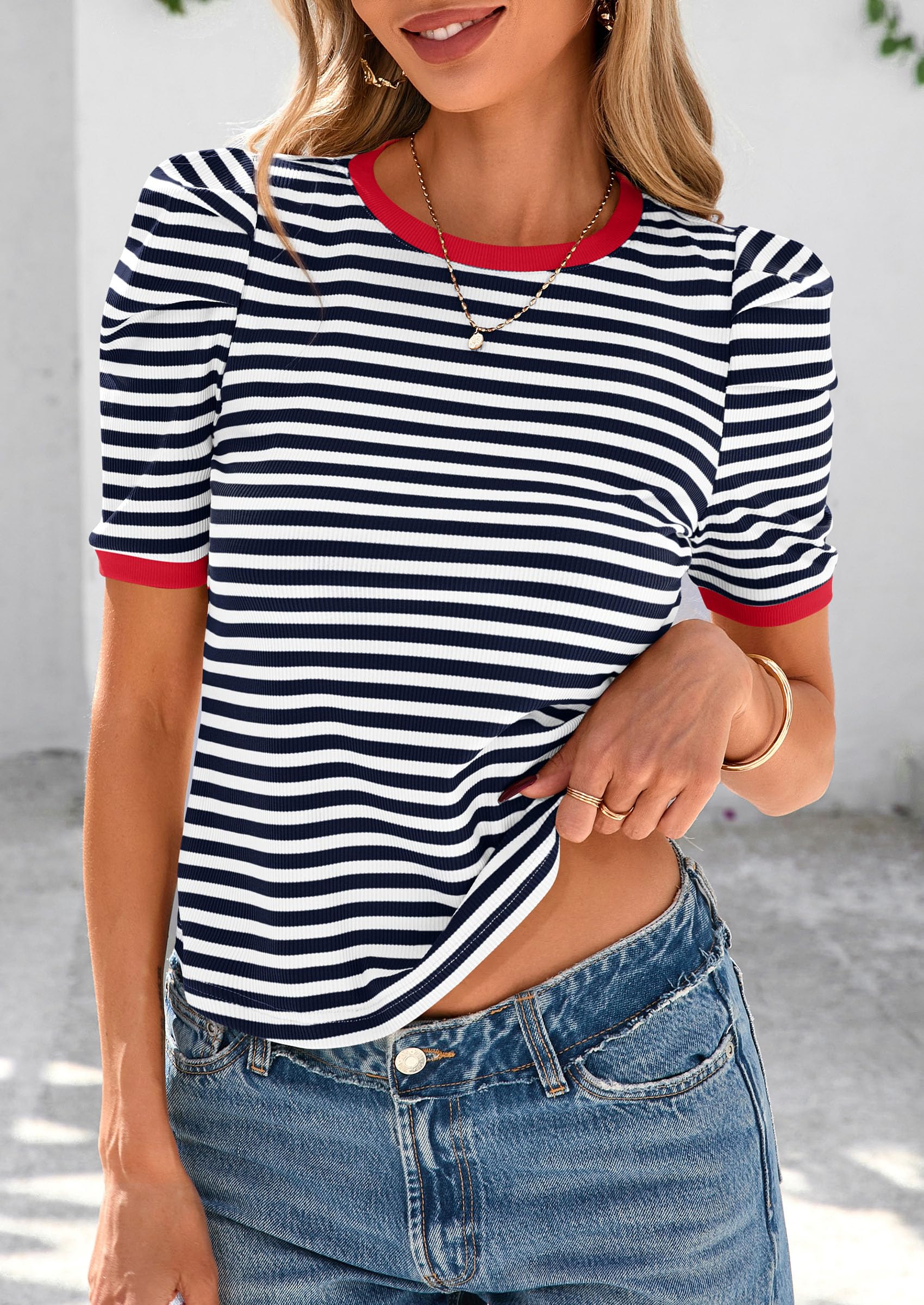 Foto 6 pulgar | Camiseta Prettygarden Para Mujer, Color Azul Marino, A Rayas, Color Azul Marino - Venta Internacional.