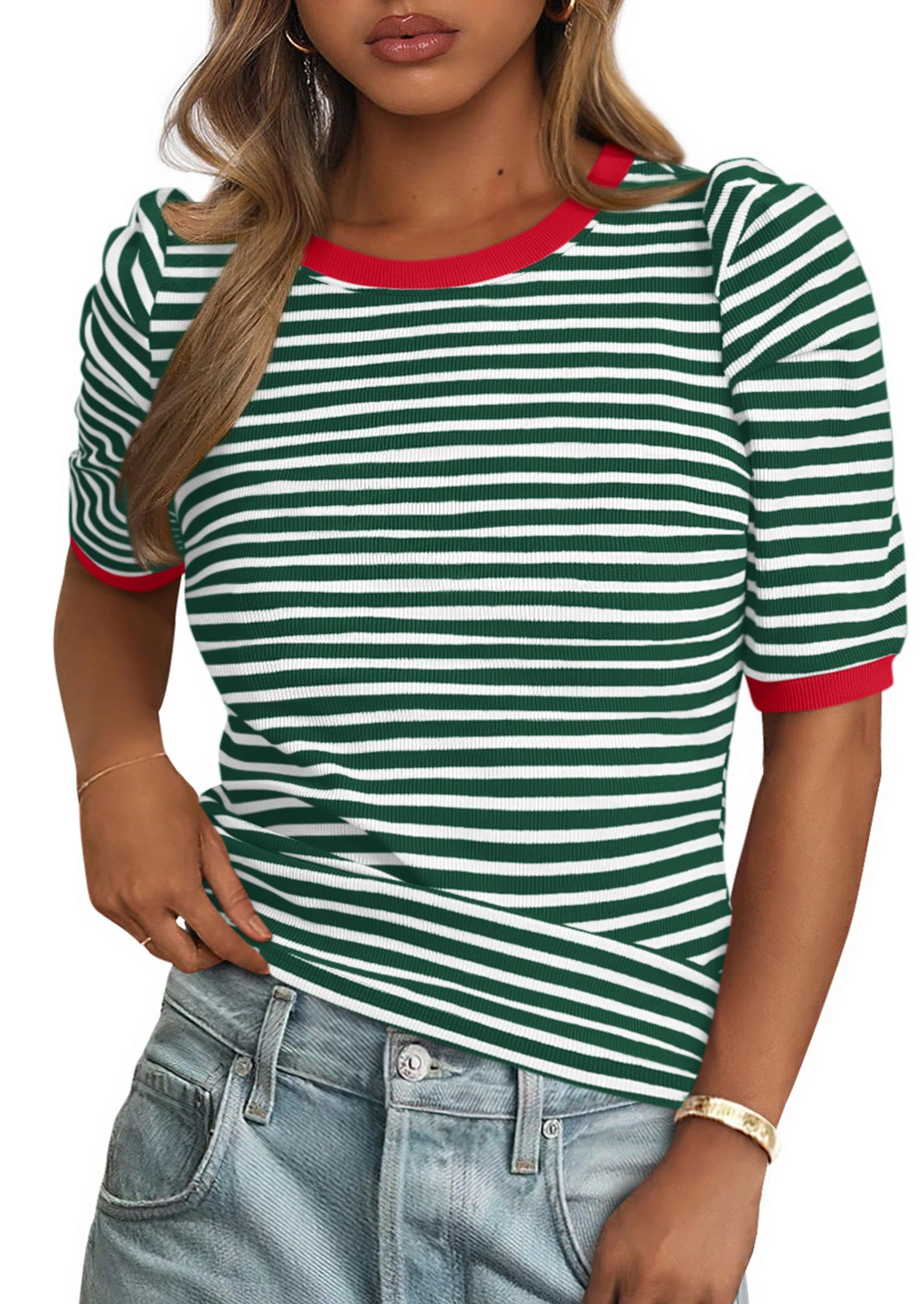 Camiseta Prettygarden Para Mujer, Color Bloque De Colores, A Rayas, Verde - Venta Internacional.
