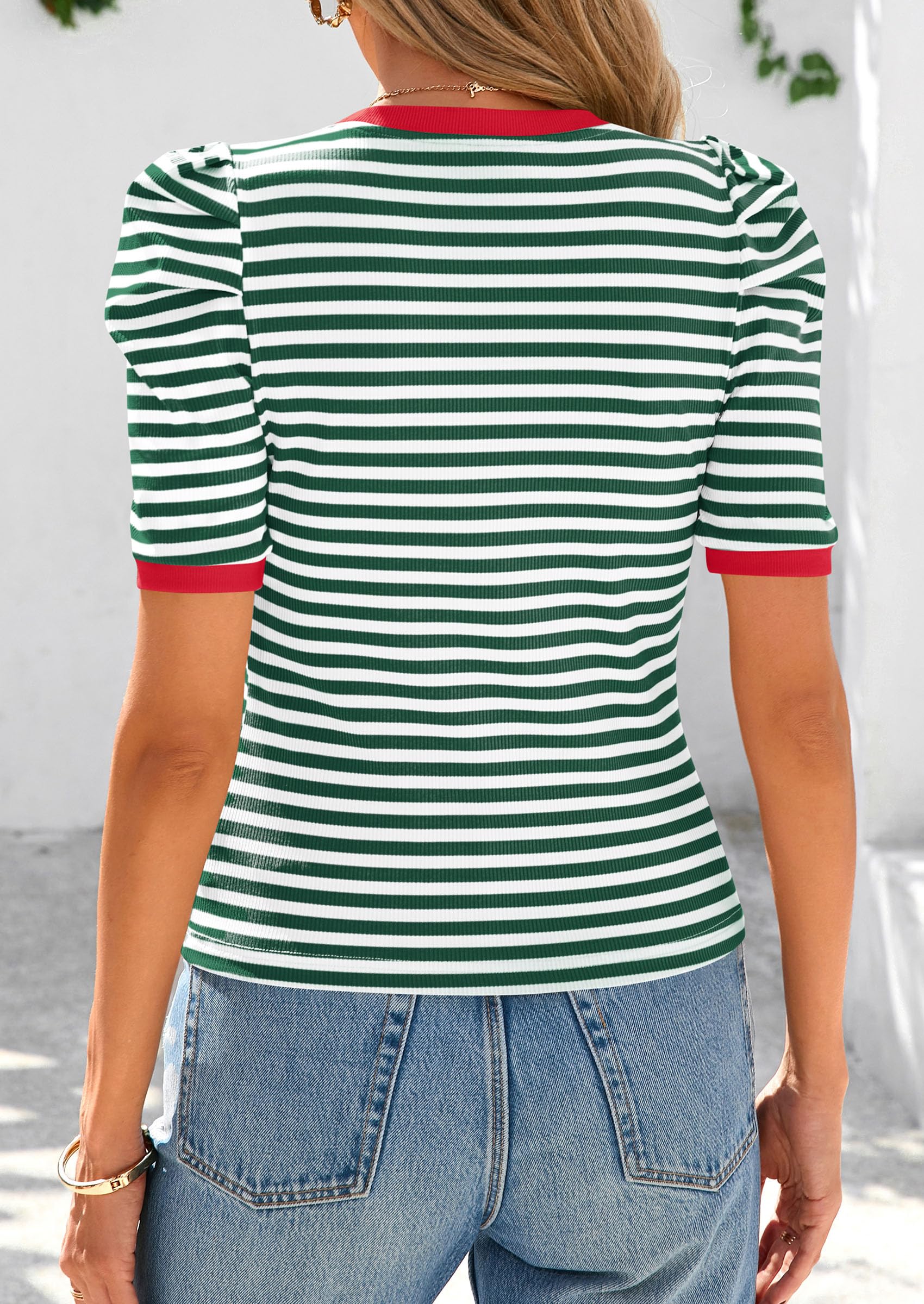 Foto 3 pulgar | Camiseta Prettygarden Para Mujer, Color Bloque De Colores, A Rayas, Verde - Venta Internacional.