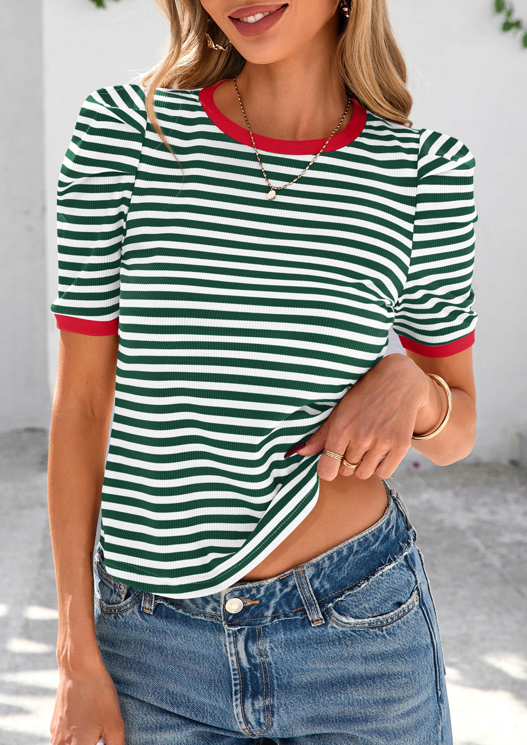 Foto 6 pulgar | Camiseta Prettygarden Para Mujer, Color Bloque De Colores, A Rayas, Verde - Venta Internacional.