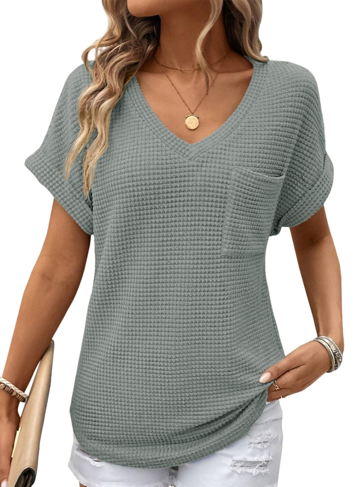 Foto 2 pulgar | Top Dokotoo Para Mujer, Tejido Gofrado, Cuello En V, Manga Corta, Casual - Venta Internacional.