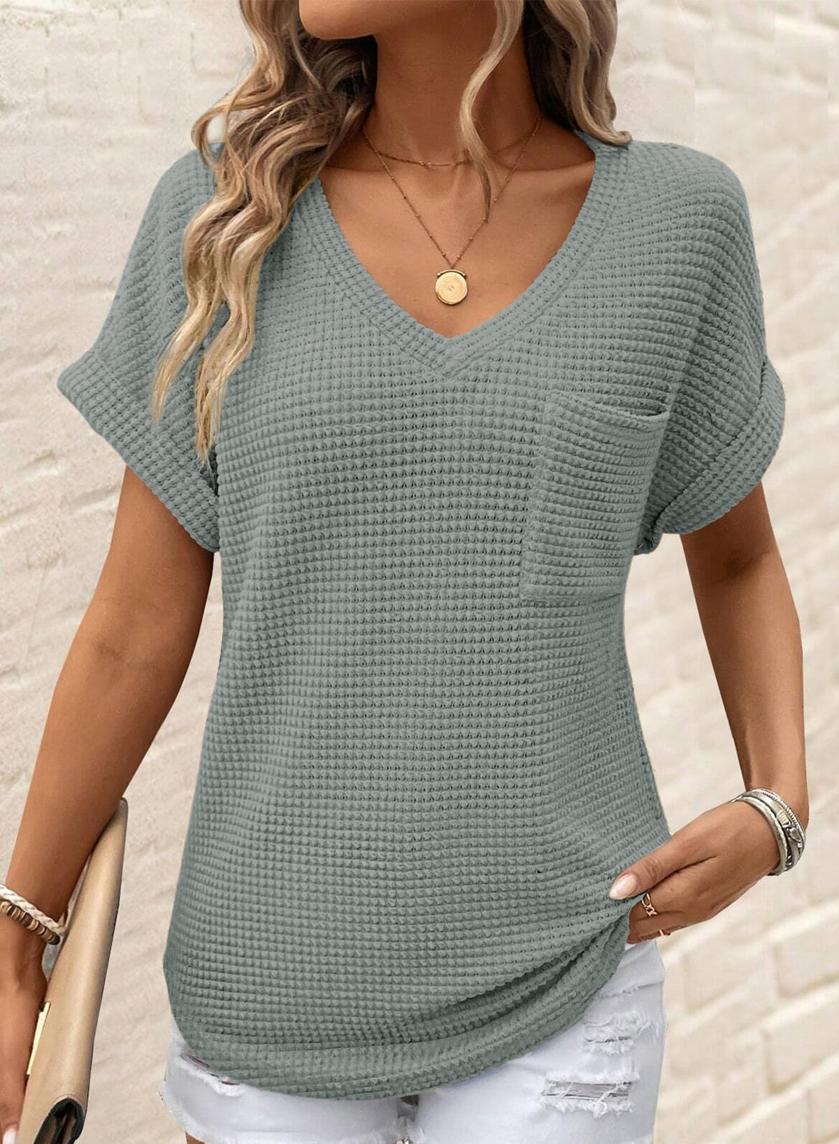 Foto 2 | Top Dokotoo Para Mujer, Tejido Gofrado, Cuello En V, Manga Corta, Casual - Venta Internacional.
